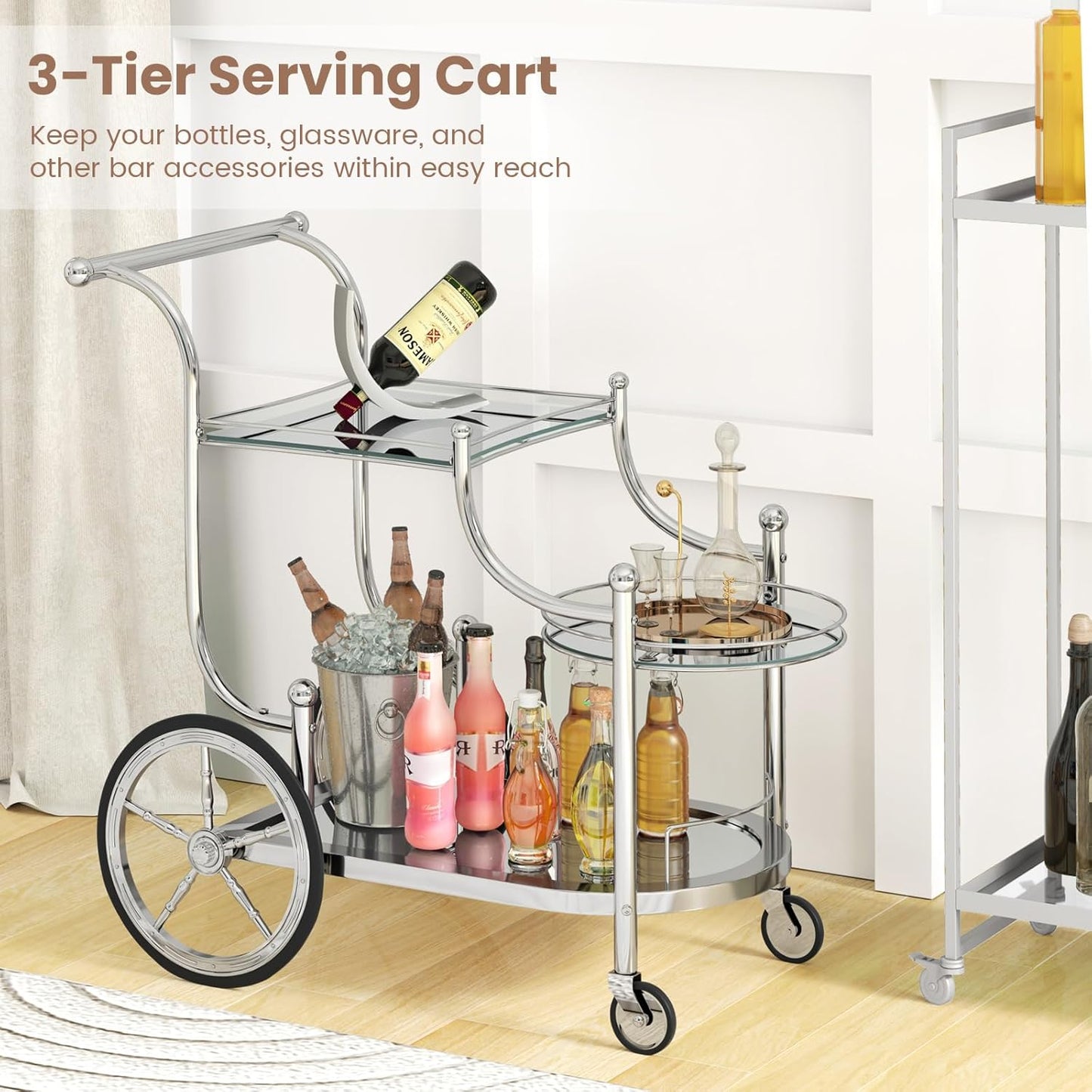 ReunionG Silver Bar Cart with Wheels, 3-Tier Rolling Serving Cart w/3 Mirrored Shelves, Mobile Tea Drink Beverage Wine Trolley Home Bar Kitchen, Dining Room, Living Room, Hotel, Club (Silver)