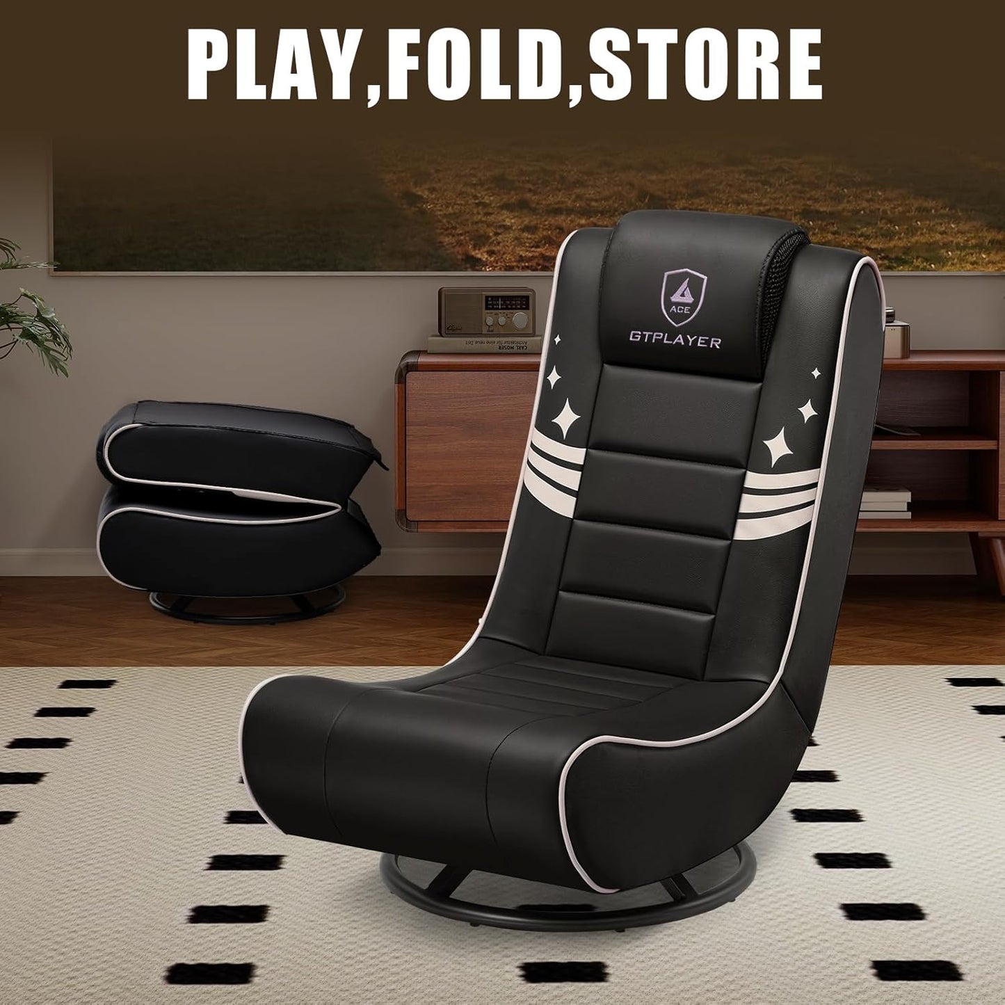 GTPLAYER Floor Gaming Chair Foldable Swivel Floor Chairs for Kids Boys Comfy Video Game Seat with 360° Multipurpose for Gamers, Bedroom or Game Room (Gold)