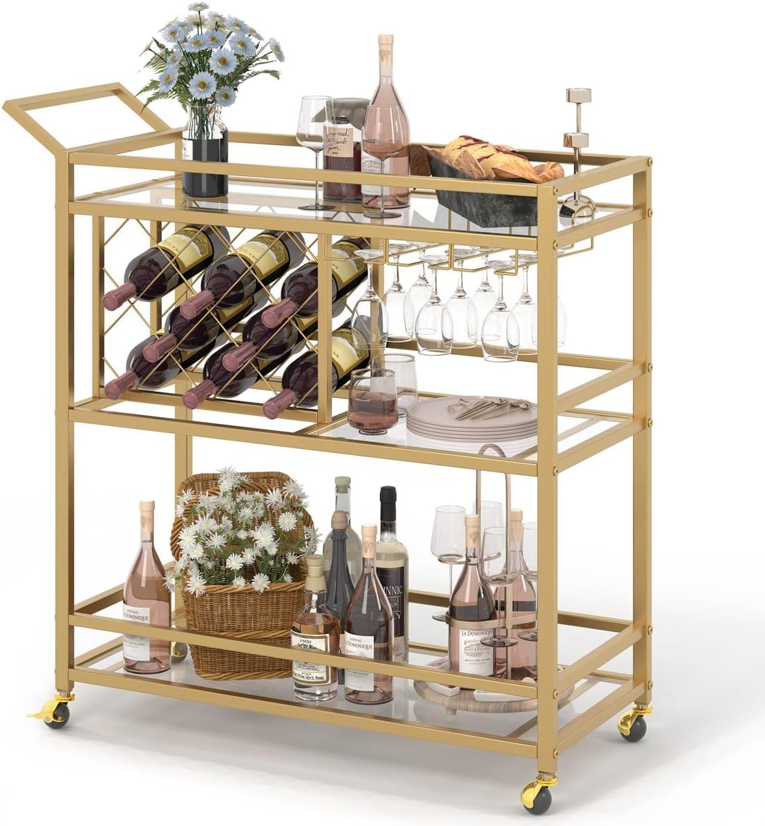 FATORRI Bar Cart Silver, Bar Carts for The Home, Home Bar Serving Carts for Liquor, Rolling Wine Cart with 3 Tier Mirrored Shelves on Wheels for Alcohol and Beverage (Silver)