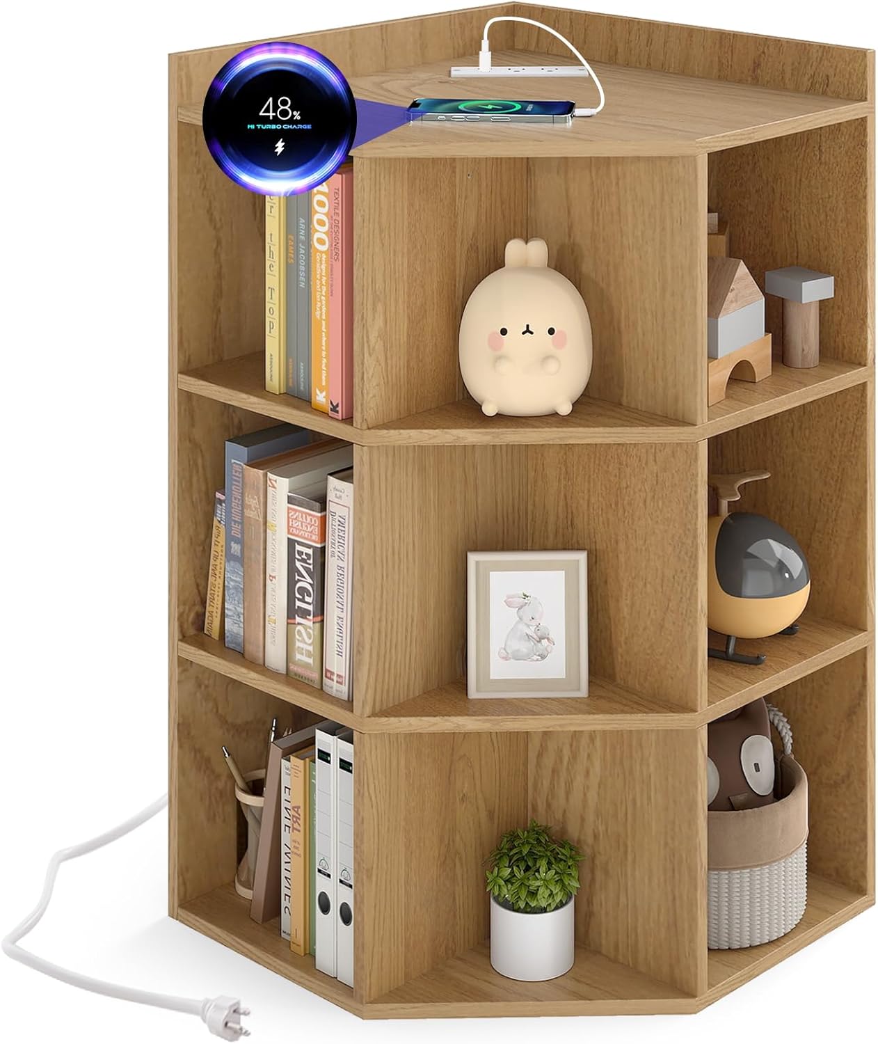 Costzon Kids Corner Cabinet with Charging Station, Wooden Cubby Bookcase with USB Ports and Outlets, 3-Tier Kids Bookshelf, 9-Cube Toy Storage Organizer for Playroom, Bedroom, Living Room (White)