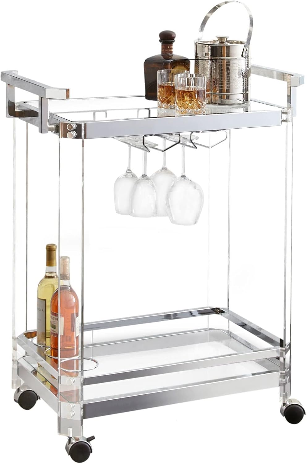 Steve Silver Furniture Aerin Kitchen Server Cart, Silver bar Cart, Tempered Glass, Two Display Shelves, 4 Casters, 3 Ring Wire Wine Bottle Holder, Dining Room, Bar, 28"" L x 17"" W x 35"" H, Silver