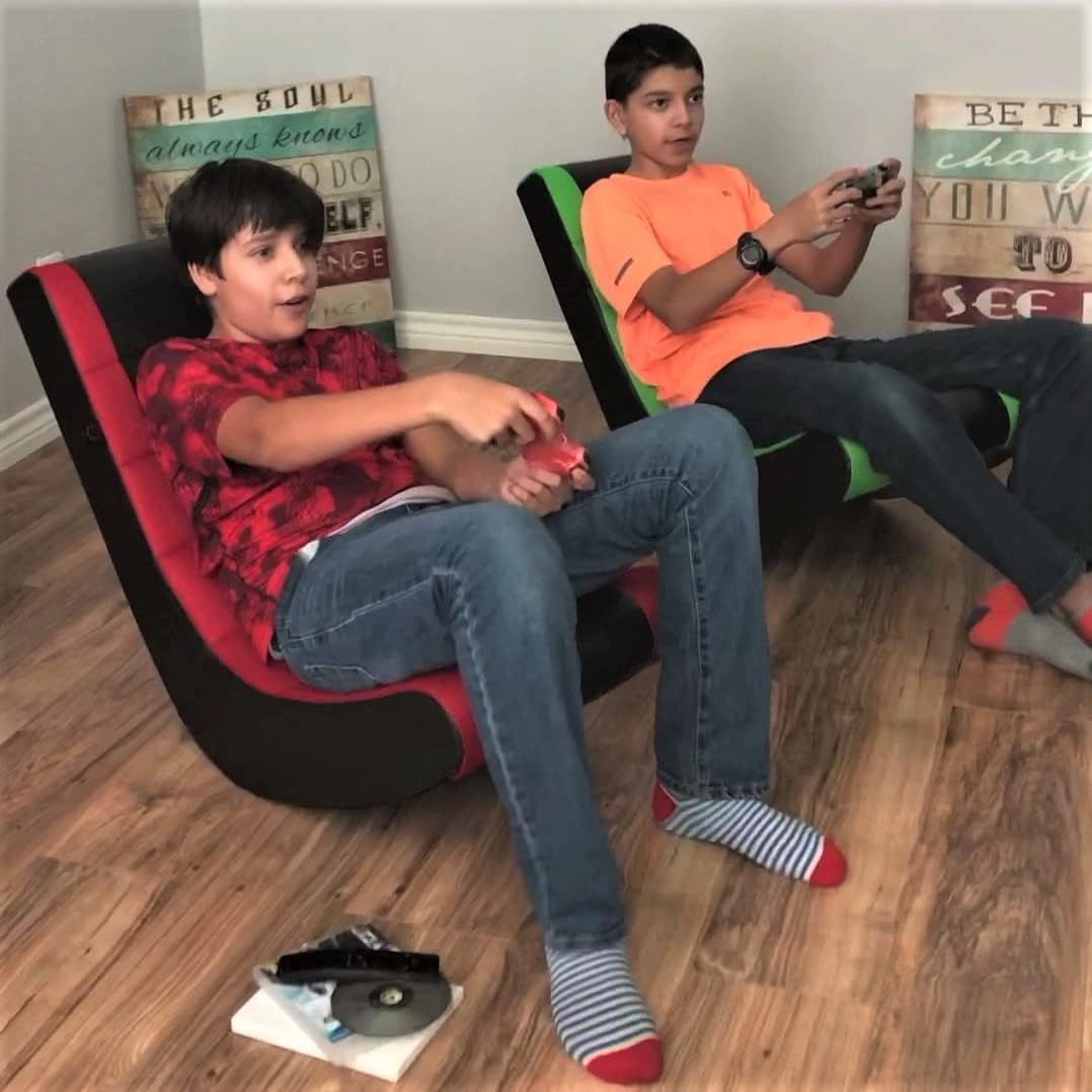 The Crew Furniture Classic Video Rocker Floor Gaming Chair, Kids and Teens, Racing Stripe PU Faux Leather & Polyester Mesh, Black/Red