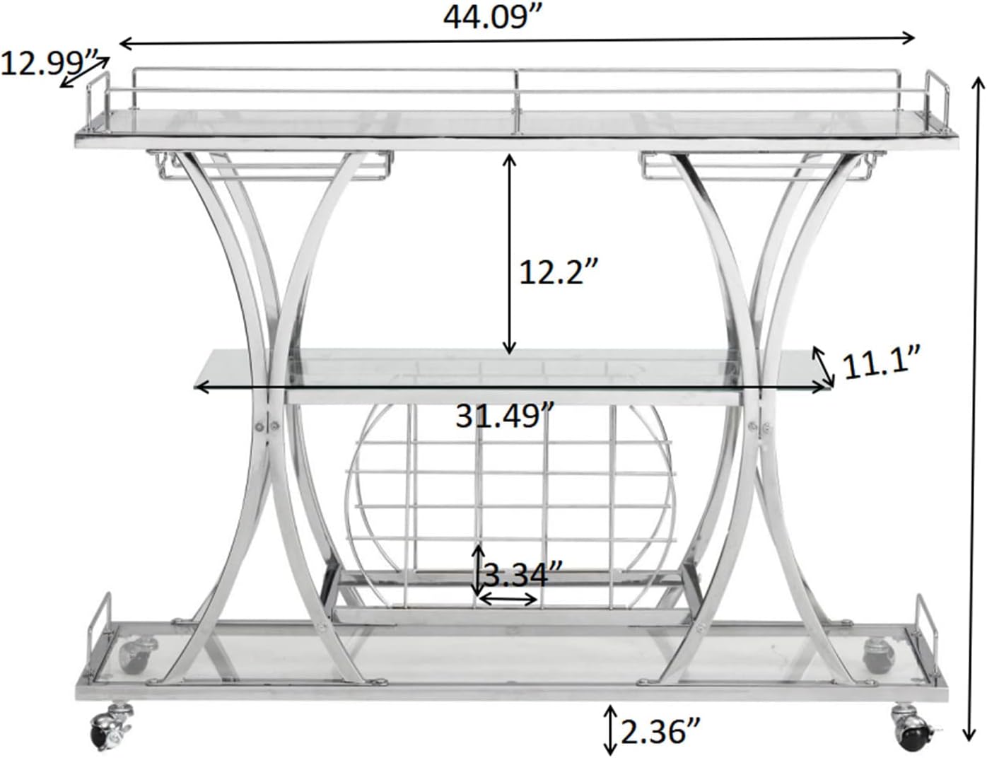 Silver Bar Carts with Glass Holders & Wine Rack, 3 Tier Home Bar Serving Carts with Glass Shelves, Metal Rolling Bar Carts for The Home Kitchen, Party