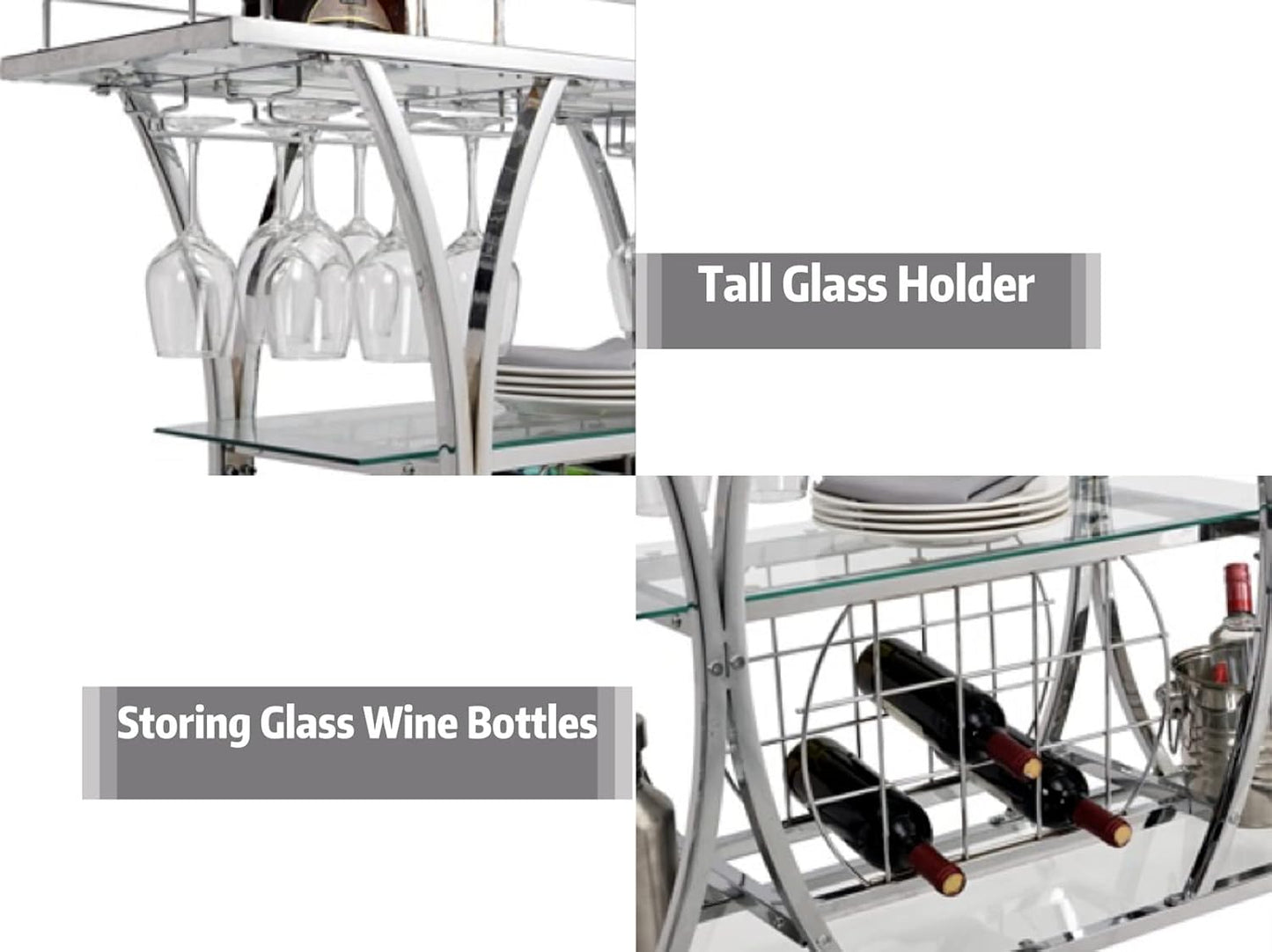 Silver Bar Carts with Glass Holders & Wine Rack, 3 Tier Home Bar Serving Carts with Glass Shelves, Metal Rolling Bar Carts for The Home Kitchen, Party
