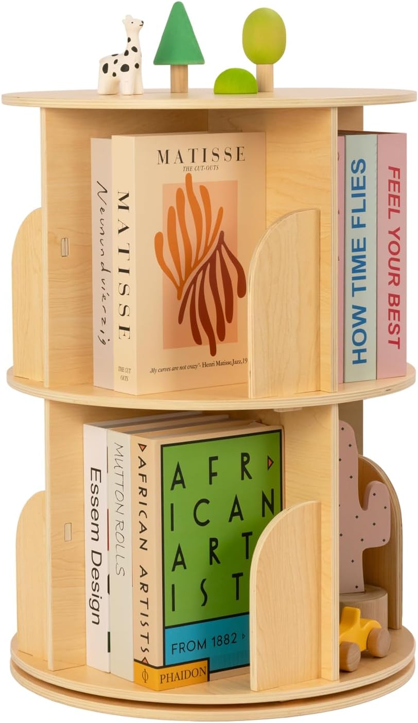 OOOK Kids Rotating Bookshelf, Small Corner Bookshelf for Small Space, 360° Display 3 Tier Floor Standing Bookcase Storage Rack, Wooden Narrow Bookcase Organizer for Bedroom, Living Room