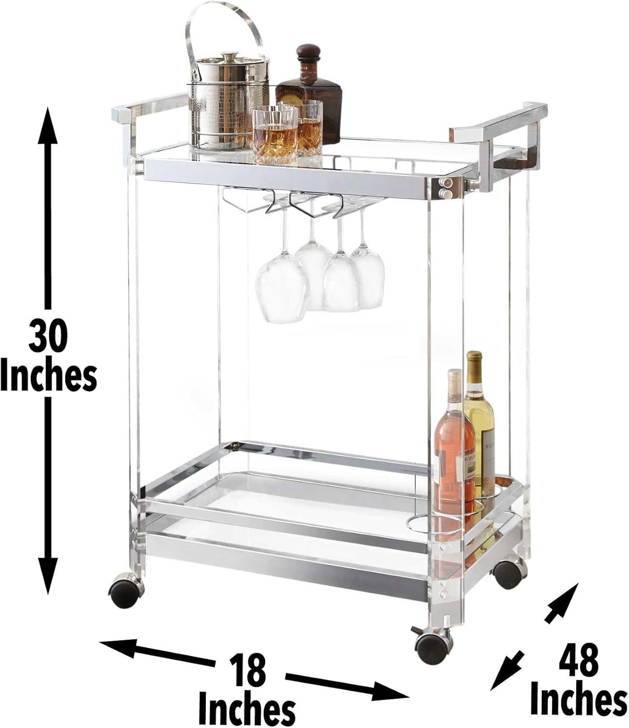 Steve Silver Furniture Aerin Kitchen Server Cart, Silver bar Cart, Tempered Glass, Two Display Shelves, 4 Casters, 3 Ring Wire Wine Bottle Holder, Dining Room, Bar, 28"" L x 17"" W x 35"" H, Silver