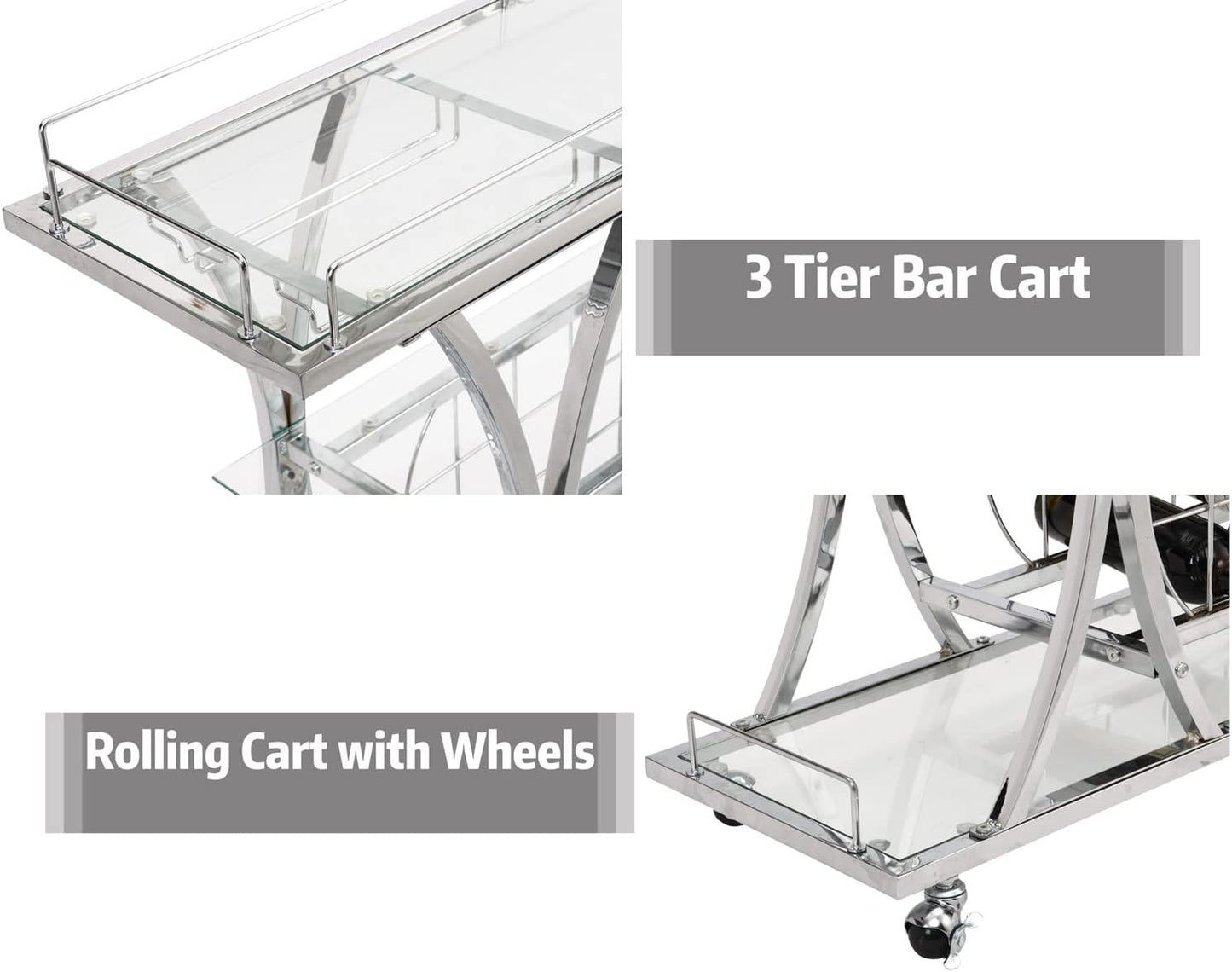 Silver Bar Carts with Glass Holders & Wine Rack, 3 Tier Home Bar Serving Carts with Glass Shelves, Metal Rolling Bar Carts for The Home Kitchen, Party