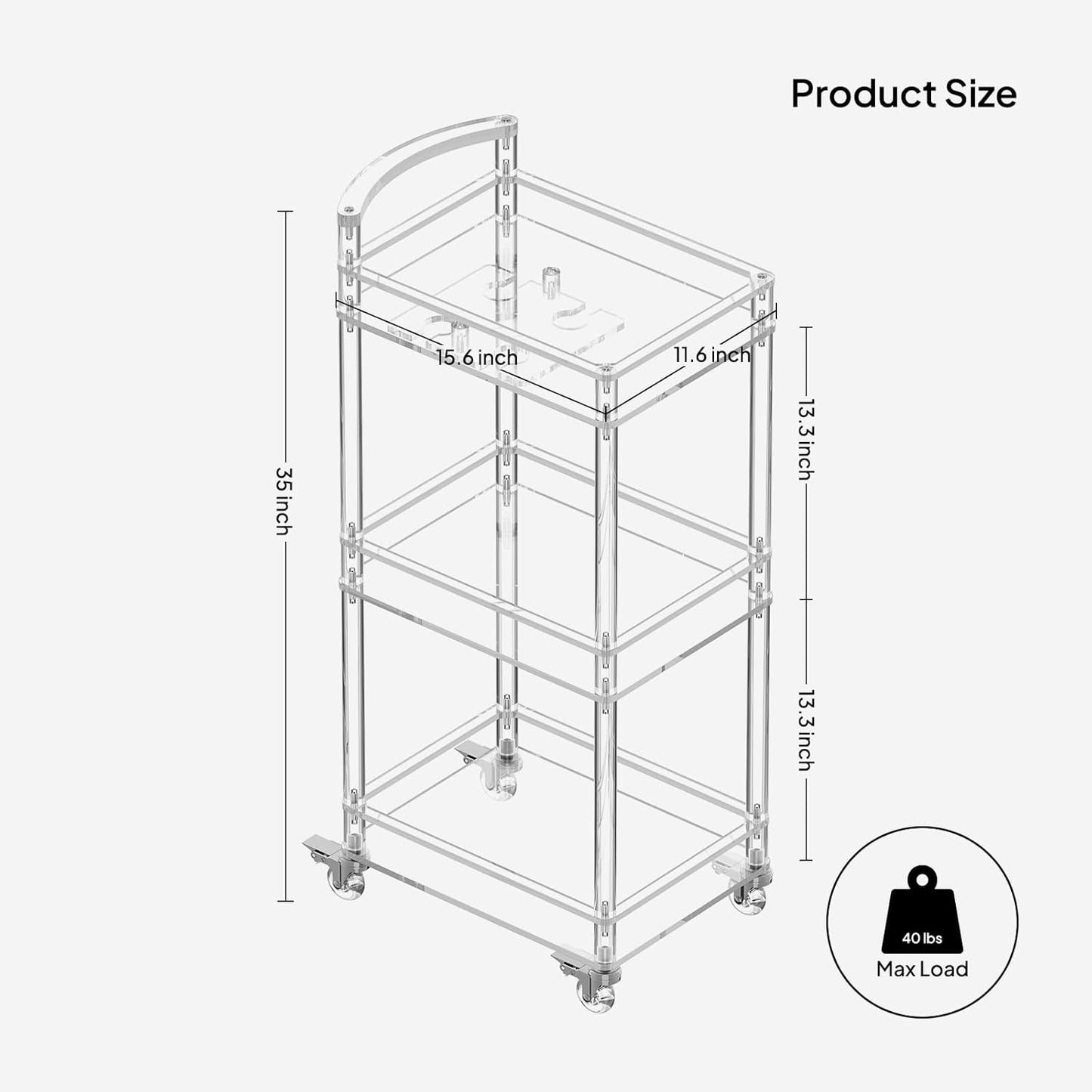Eglaf Small Acrylic Bar cart - 3 Tier Home Bar Cart Rolling Serving Cart with 4 Lockable Wheels, Glass Holders, Handle, for Living Room, Kitchen, Bedroom, Bar, 15.6" L x 11.6" W x 35" H