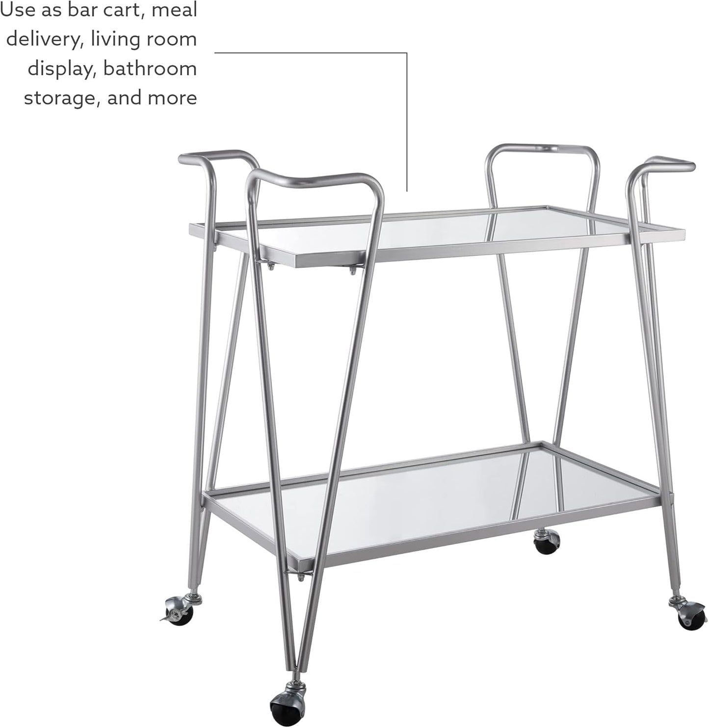 Linon Gina Silver Mid Century Bar Cart with Mirrored Shelves on Locking Castors