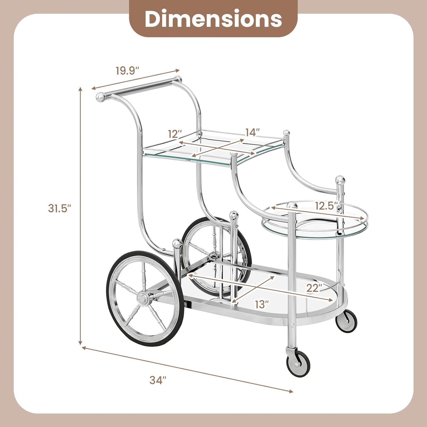 ReunionG Silver Bar Cart with Wheels, 3-Tier Rolling Serving Cart w/3 Mirrored Shelves, Mobile Tea Drink Beverage Wine Trolley Home Bar Kitchen, Dining Room, Living Room, Hotel, Club (Silver)