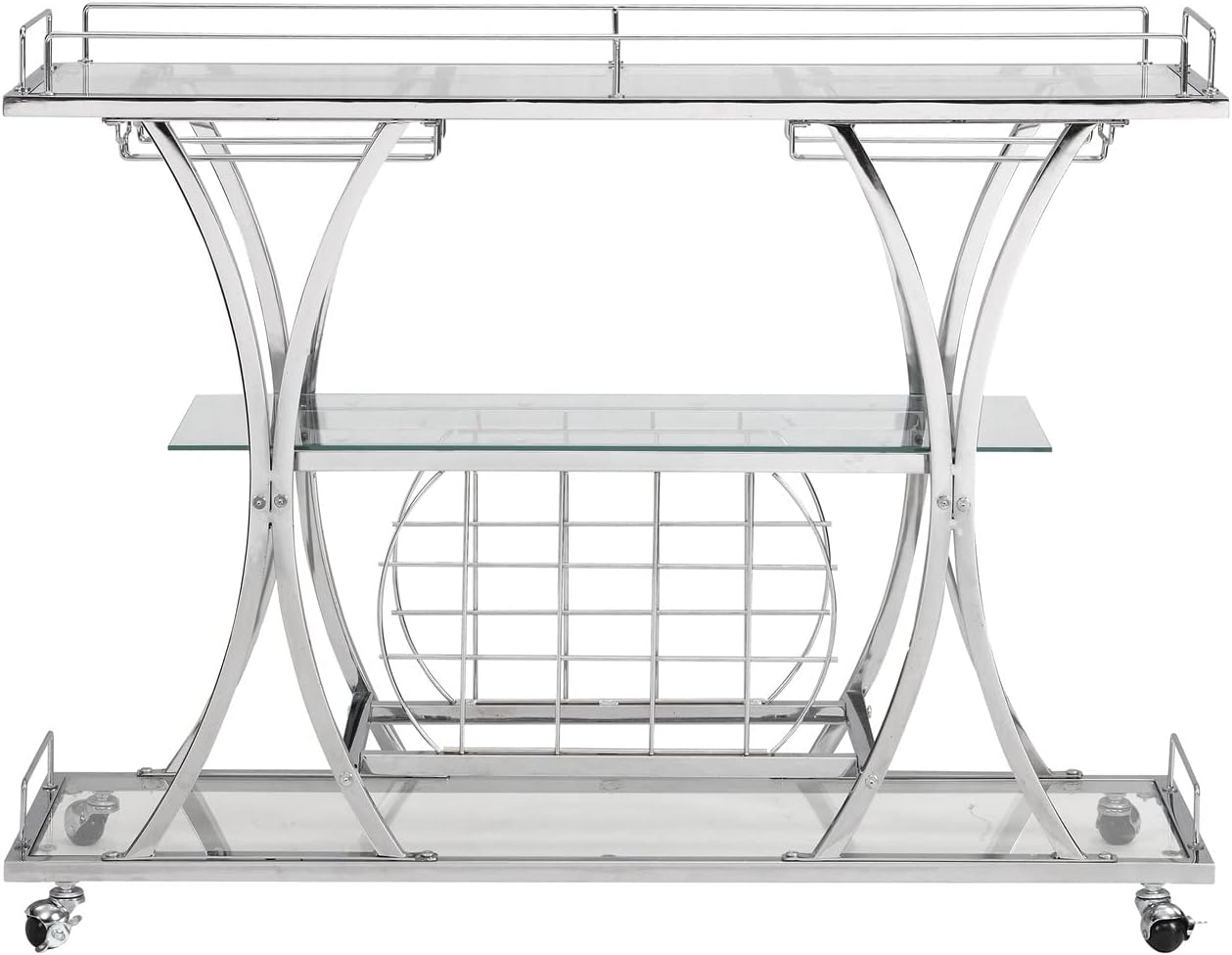 Silver Bar Carts with Glass Holders & Wine Rack, 3 Tier Home Bar Serving Carts with Glass Shelves, Metal Rolling Bar Carts for The Home Kitchen, Party