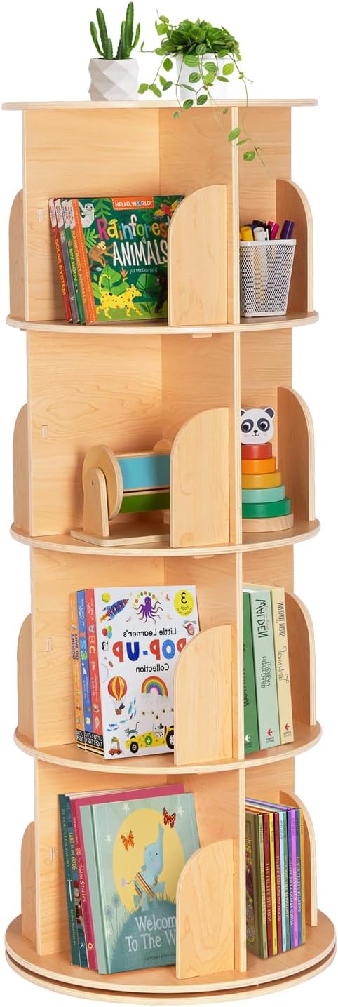 OOOK Kids Rotating Bookshelf, Small Corner Bookshelf for Small Space, 360° Display 3 Tier Floor Standing Bookcase Storage Rack, Wooden Narrow Bookcase Organizer for Bedroom, Living Room