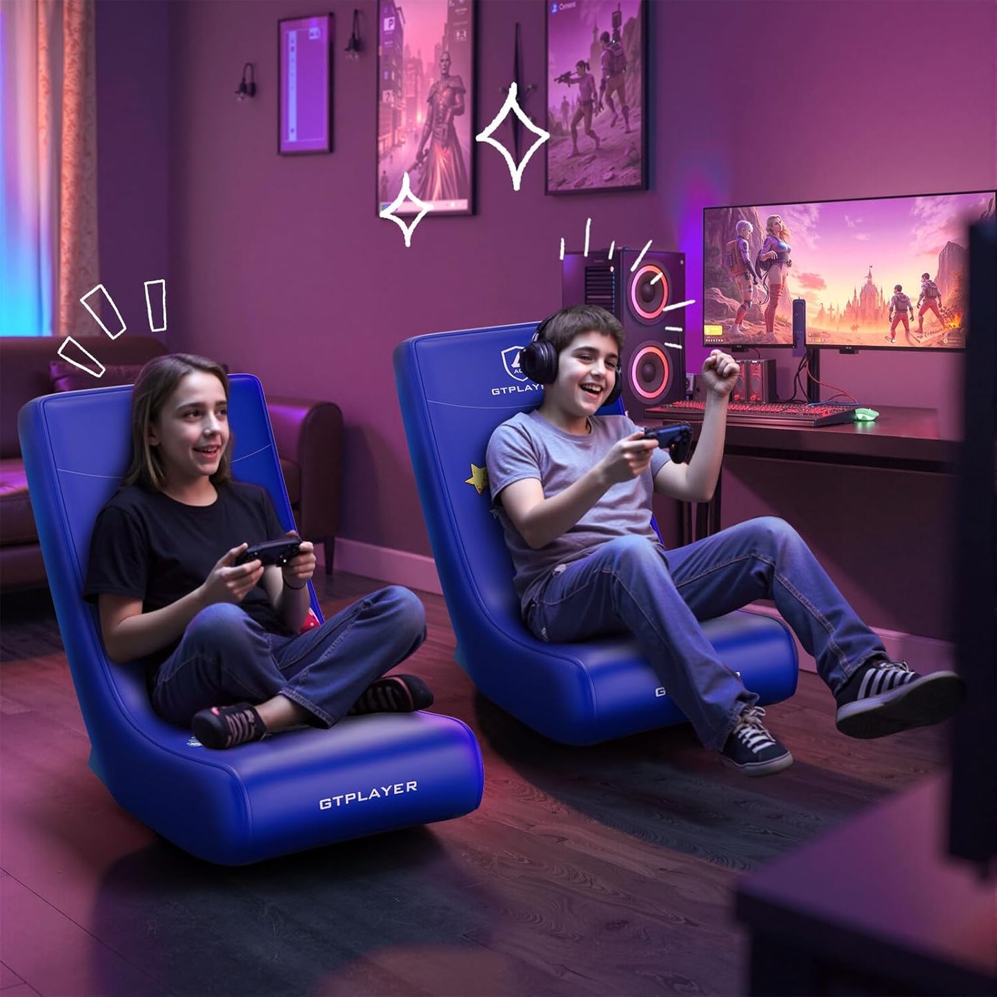 GTPLAYER Gaming Floor Rocking Chair – Rocker Floor Game Chair with Angle Limiter, Stylish Patterned Design, Comfortable Video Game Seat, Blue Flag Pattern