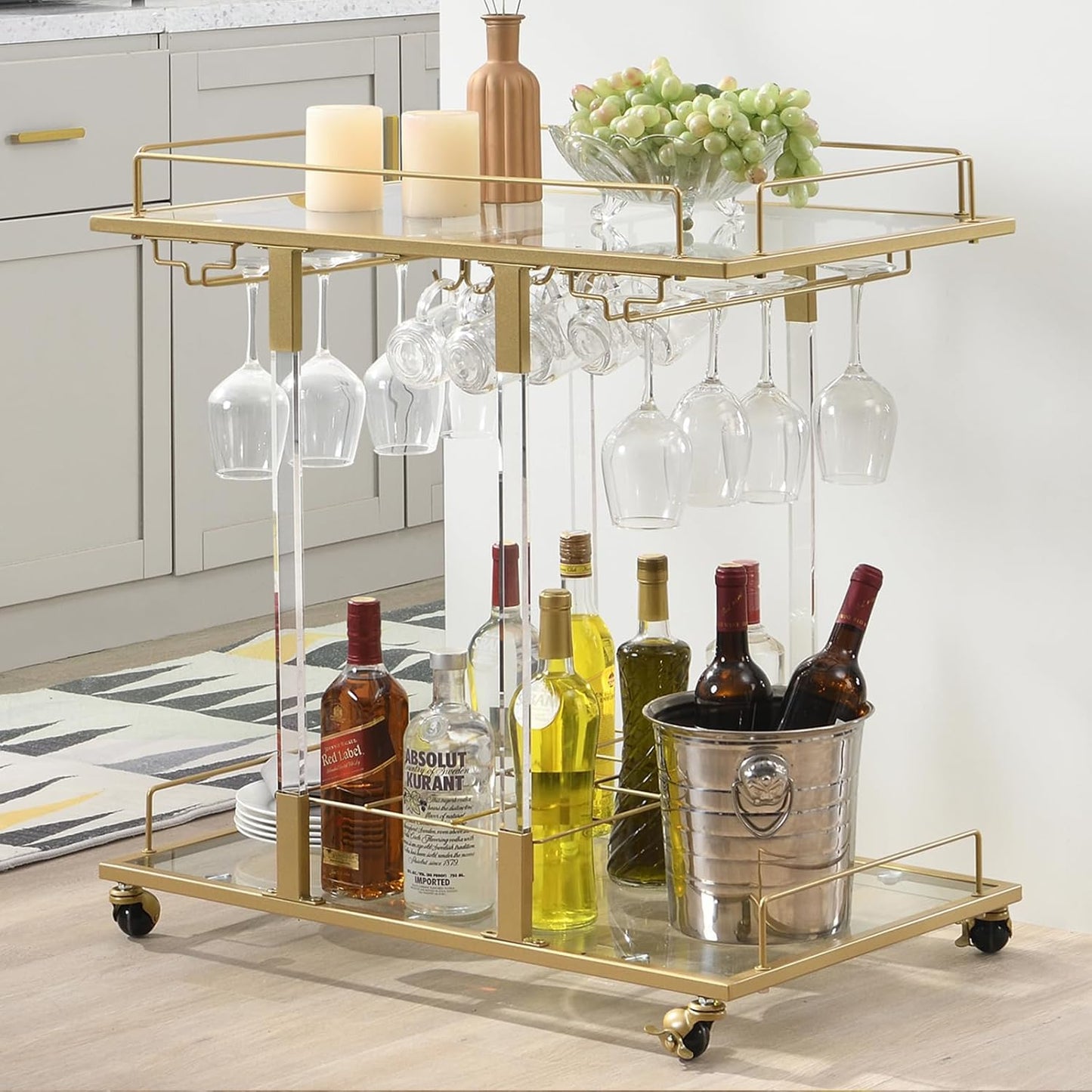 Silver Bar Cart for Home Bar Chrome Serving Cart with Wine Rack 2-Tier Acrylic Rolling Bar Carts on Wheels Clear Dessert Cart Lucite Bar Stand Glass Liquor Cart for Living Room Kitchen Club