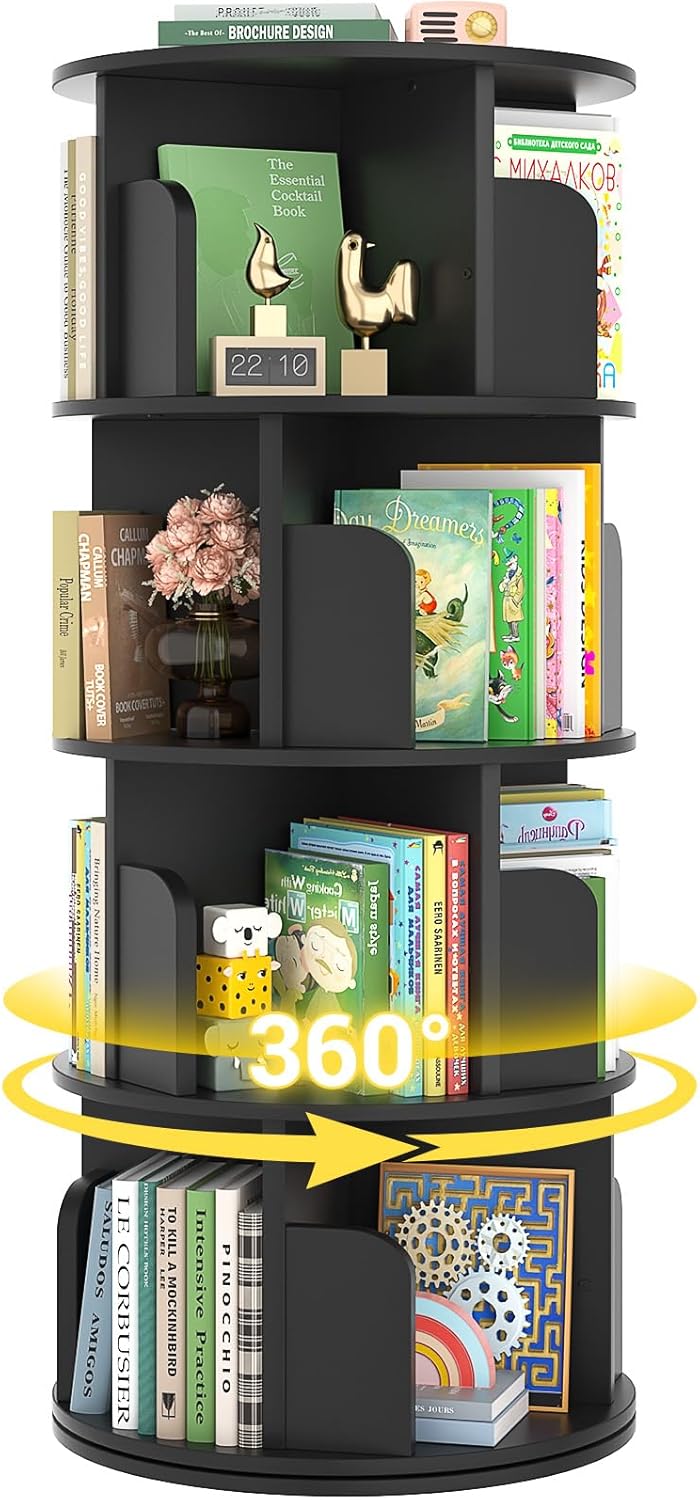 Rotating Bookshelf, Wood Corner Bookshelf, 360 Display Spinning Bookcase Storage Rack, 4 Tier Floor Standing Revolving Bookcase Narrow Book Shelf Organizer for Small Space, Bedroom, White