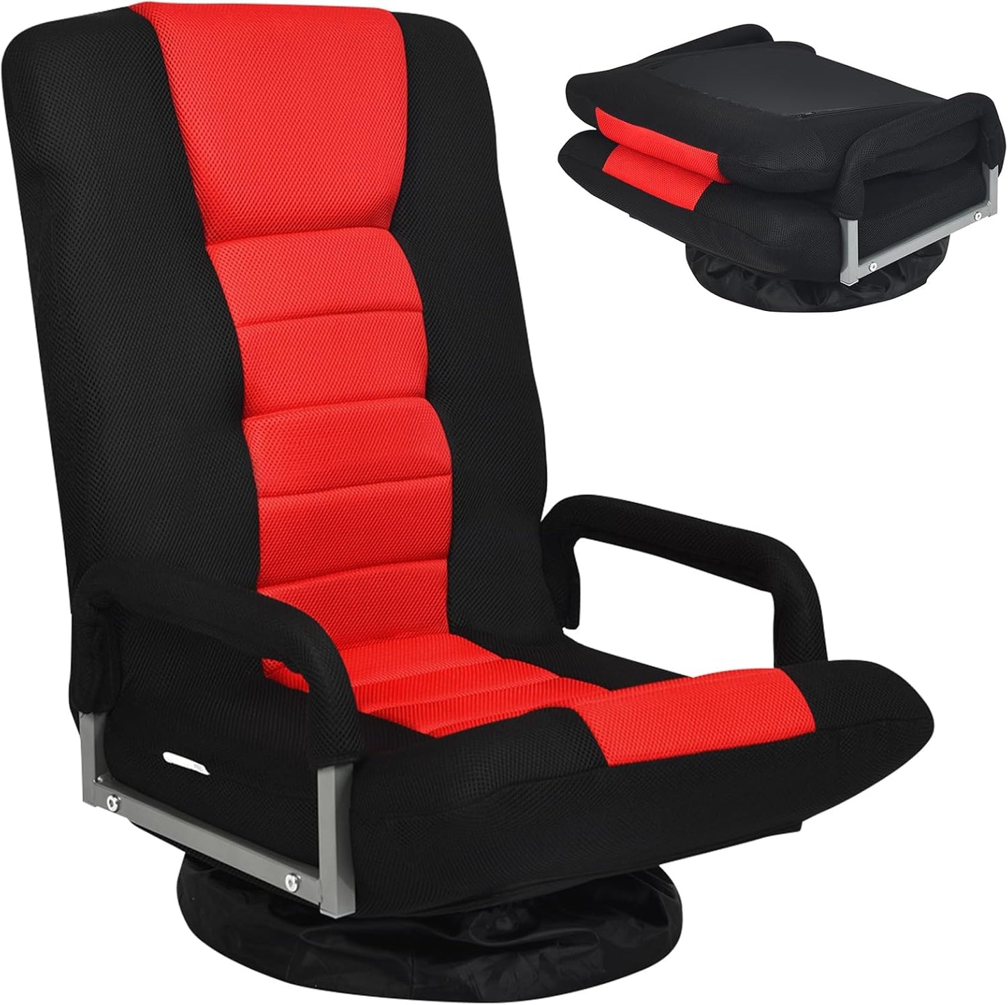 Giantex Floor Chair, 360 Degree Swivel Chair with Adjustable Backrest, Lumbar Support, Armrest, Foldable Lazy Sofa Rocker for TV, Reading, Playing Video Games, Black/Red