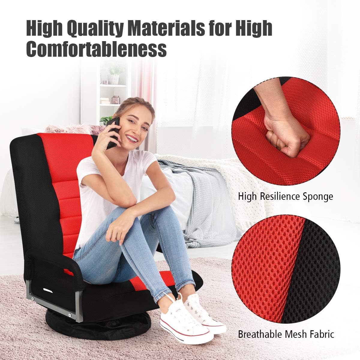 Giantex Floor Chair, 360 Degree Swivel Chair with Adjustable Backrest, Lumbar Support, Armrest, Foldable Lazy Sofa Rocker for TV, Reading, Playing Video Games, Black/Red