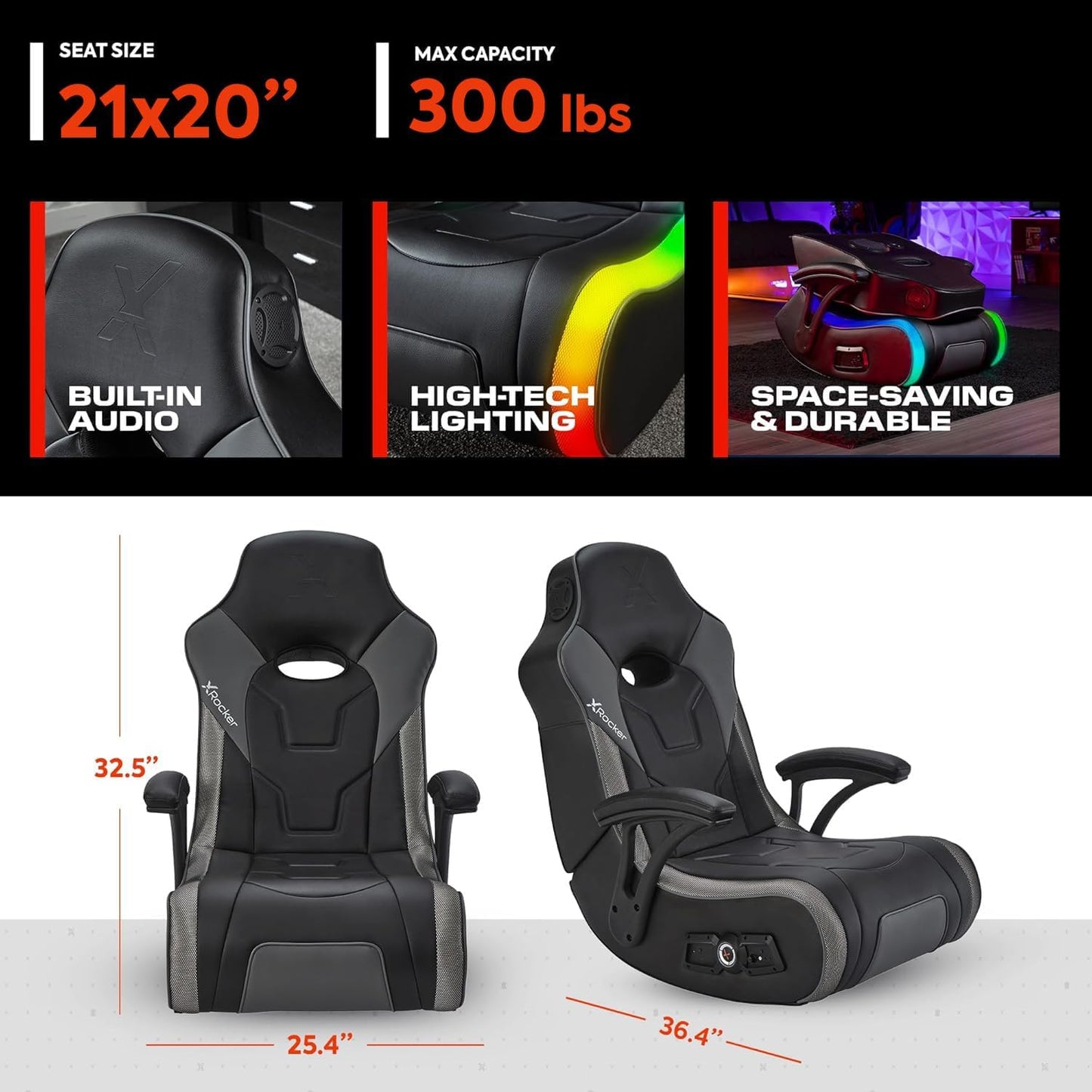 X Rocker Video Gaming Floor Rocker Chair, Built-in Audio, College Dorm Essentials for Guys and Girls, Bedroom, Foldable, Gifts for Gamers