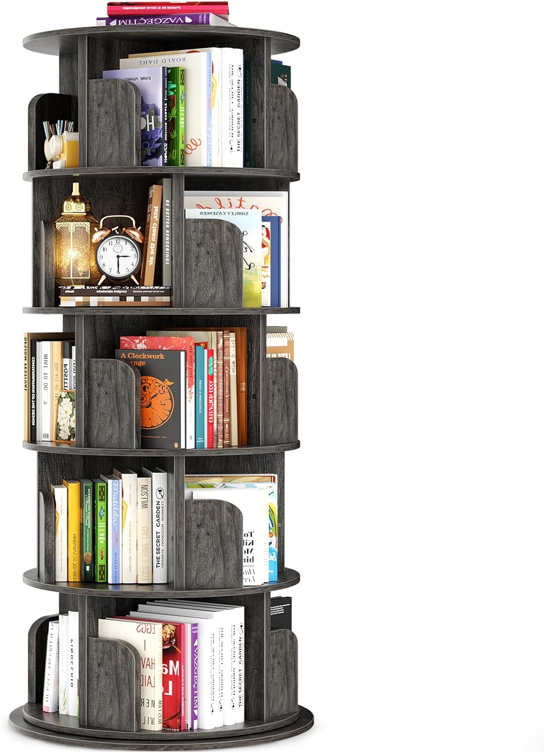 Rotating Bookshelf, Wood Corner Bookshelf, 360 Display Spinning Bookcase Storage Rack, 4 Tier Floor Standing Revolving Bookcase Narrow Book Shelf Organizer for Small Space, Bedroom, White