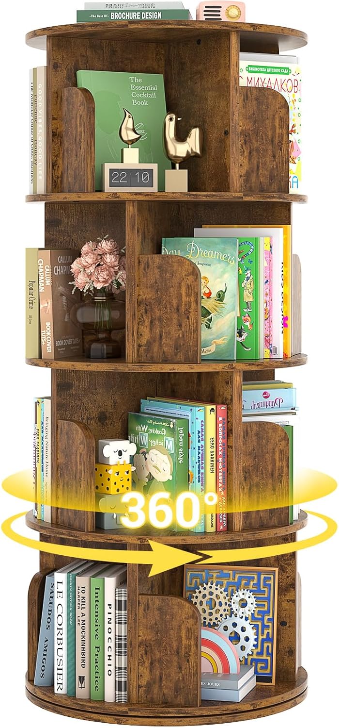 Rotating Bookshelf, Wood Corner Bookshelf, 360 Display Spinning Bookcase Storage Rack, 4 Tier Floor Standing Revolving Bookcase Narrow Book Shelf Organizer for Small Space, Bedroom, White