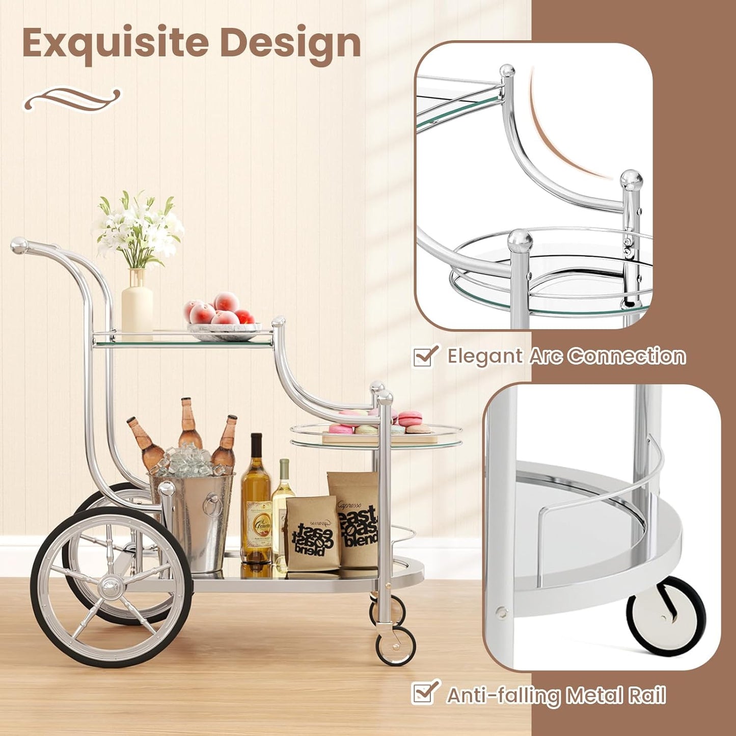 ReunionG Silver Bar Cart with Wheels, 3-Tier Rolling Serving Cart w/3 Mirrored Shelves, Mobile Tea Drink Beverage Wine Trolley Home Bar Kitchen, Dining Room, Living Room, Hotel, Club (Silver)