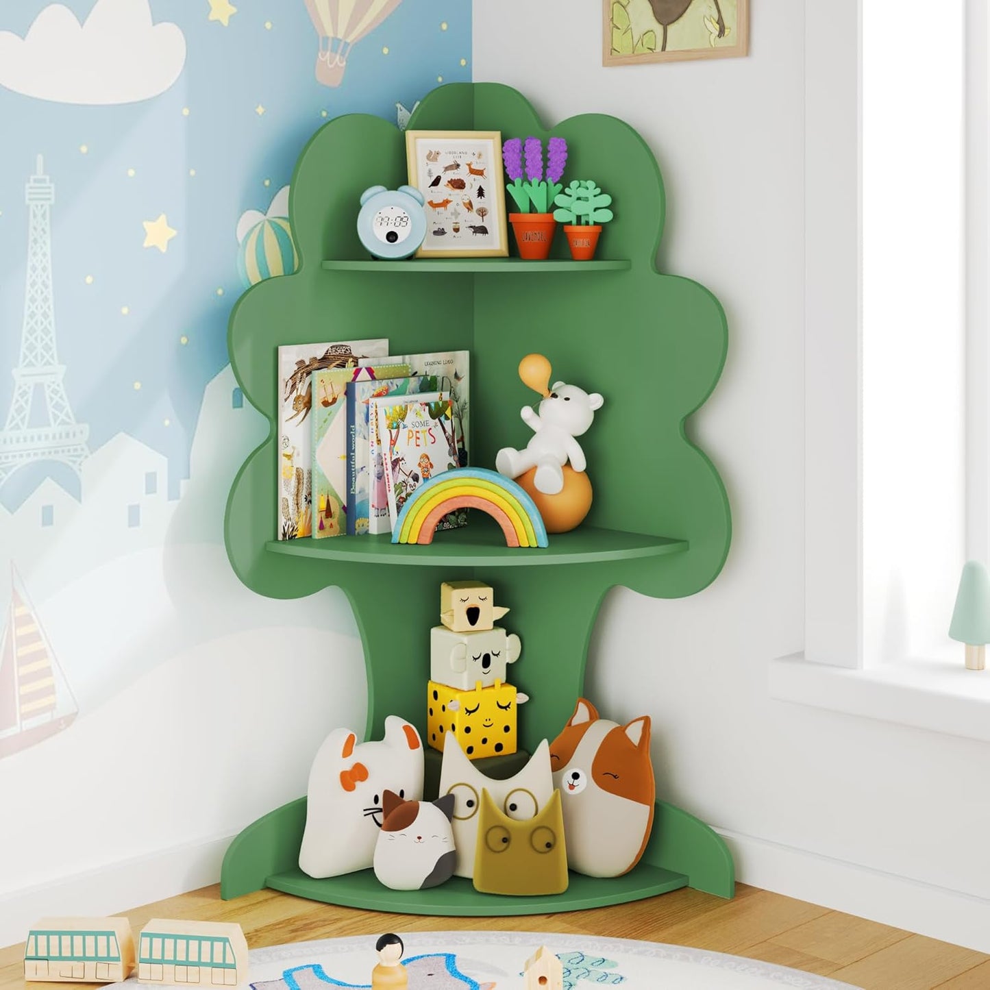 Curipeer Tree Kids Bookshelf, Corner Bookshelf Kids, Bookshelf for Kids, Baby Bookshelf and Toy Storage, Wooden Kids Bookcase, Toddler Book Shelf Organizer for Kids Rooms, Nursery, Bedroom, Green