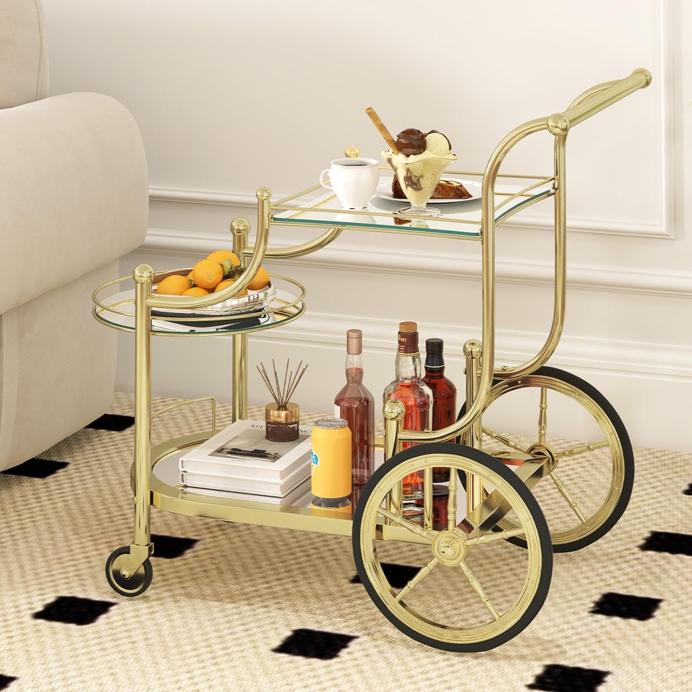 ReunionG Silver Bar Cart with Wheels, 3-Tier Rolling Serving Cart w/3 Mirrored Shelves, Mobile Tea Drink Beverage Wine Trolley Home Bar Kitchen, Dining Room, Living Room, Hotel, Club (Silver)