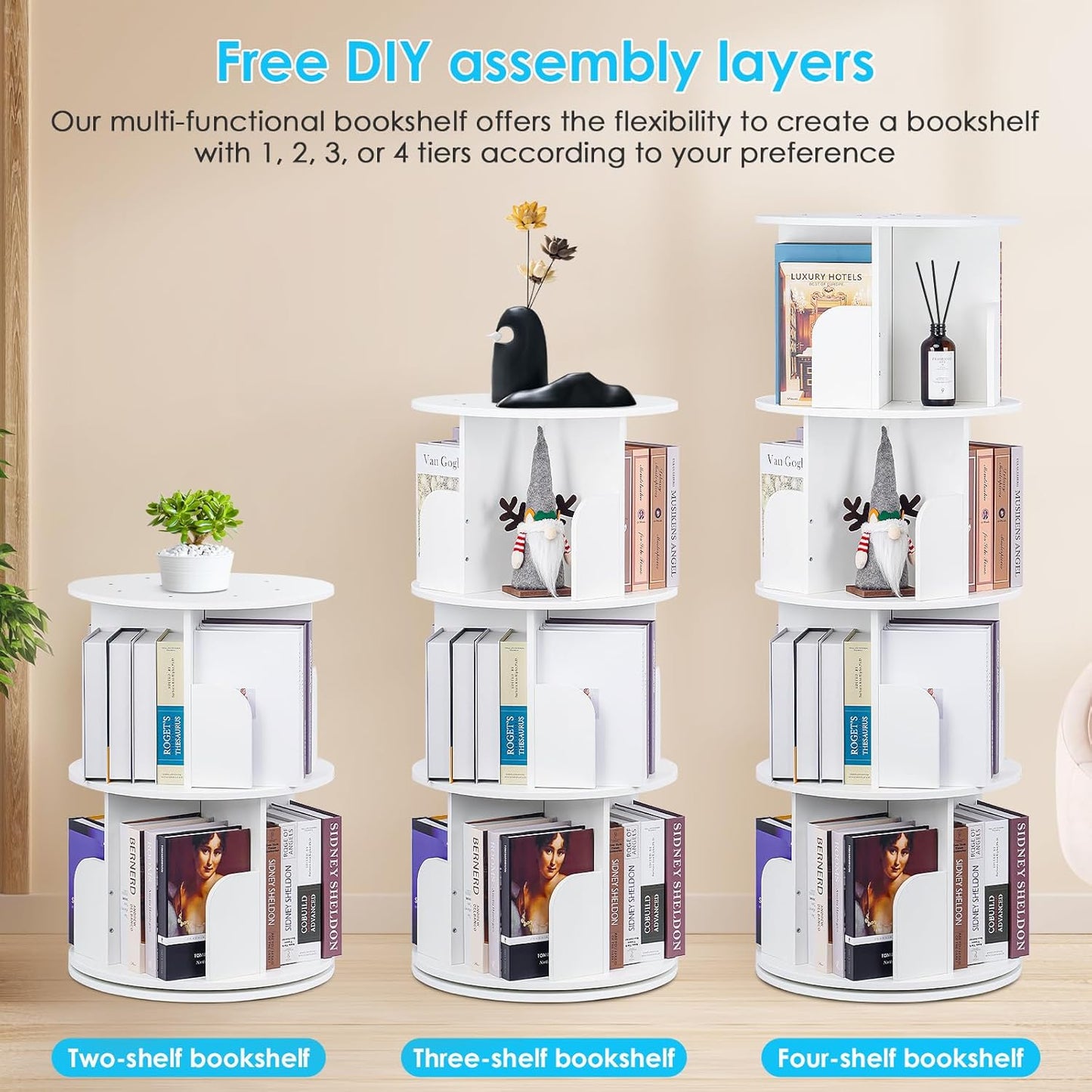 2025 New 4 Tier Rotating Bookshelf kids, Small Corner Bookshelf for Small Space, 360 Display Floor Standing Bookcase Storage Rack, Wood Narrow Book Shelf Organizer for Home Office,Bedroom, Living Room