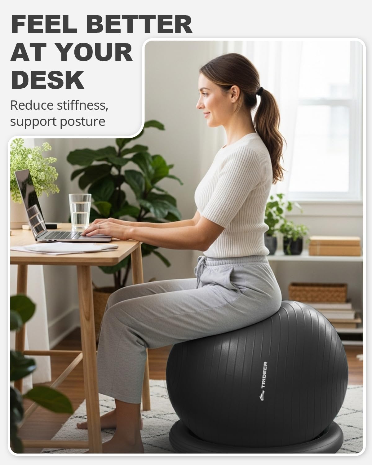 Trideer Exercise Ball for Office Desk, Yoga Ball Chair to Relieve Back Pain, Stability & Fitness Ball Seat with Base, Home Gym Core Workout, Abs, Stretching & Therapy