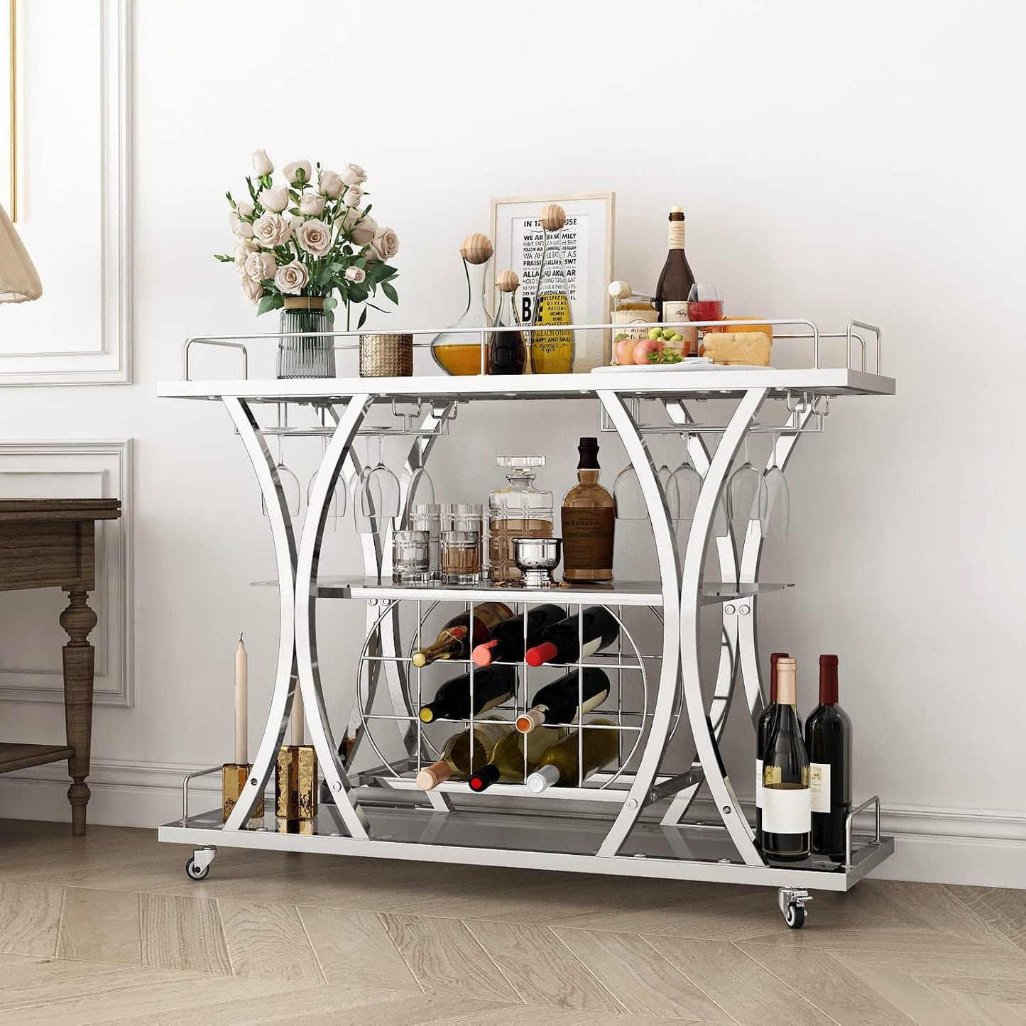 Silver Bar Carts with Glass Holders & Wine Rack, 3 Tier Home Bar Serving Carts with Glass Shelves, Metal Rolling Bar Carts for The Home Kitchen, Party