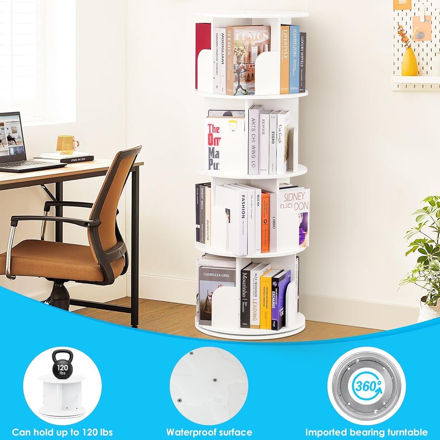 2025 New 4 Tier Rotating Bookshelf kids, Small Corner Bookshelf for Small Space, 360 Display Floor Standing Bookcase Storage Rack, Wood Narrow Book Shelf Organizer for Home Office,Bedroom, Living Room