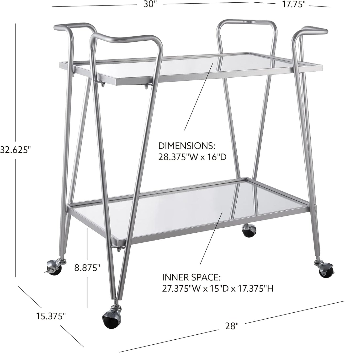Linon Gina Silver Mid Century Bar Cart with Mirrored Shelves on Locking Castors