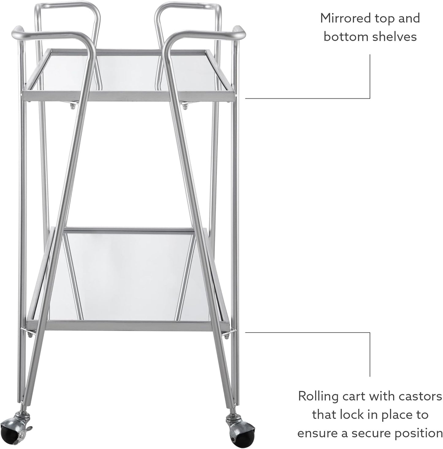 Linon Gina Silver Mid Century Bar Cart with Mirrored Shelves on Locking Castors