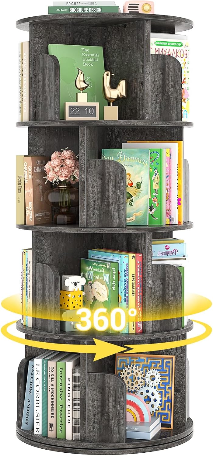 Rotating Bookshelf, Wood Corner Bookshelf, 360 Display Spinning Bookcase Storage Rack, 4 Tier Floor Standing Revolving Bookcase Narrow Book Shelf Organizer for Small Space, Bedroom, White