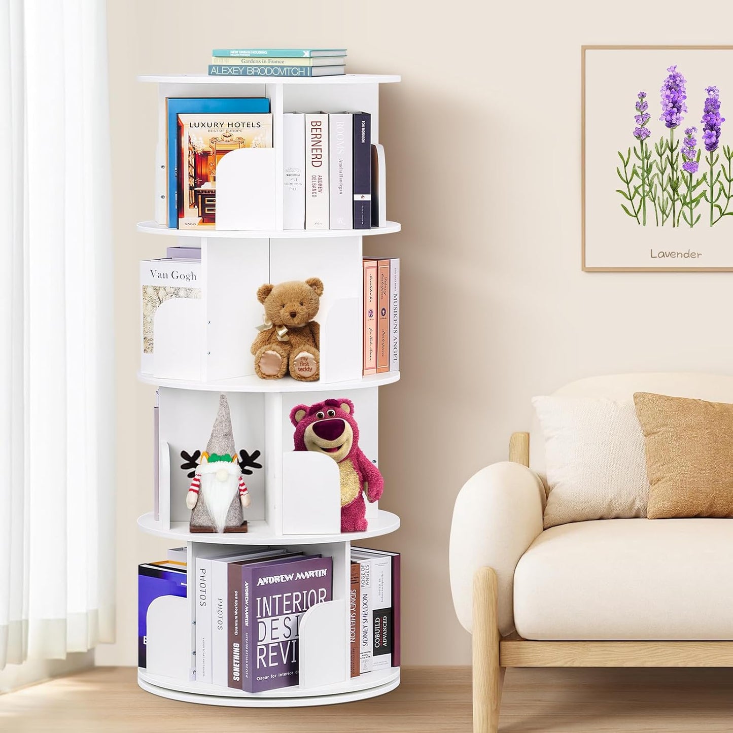 2025 New 4 Tier Rotating Bookshelf kids, Small Corner Bookshelf for Small Space, 360 Display Floor Standing Bookcase Storage Rack, Wood Narrow Book Shelf Organizer for Home Office,Bedroom, Living Room
