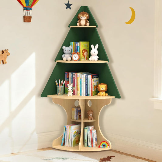 Kid Corner Bookshelf, Tree Shape Children Wooden Bookcase, Unique Kids Room Decor for Book & Toy Storage, Montessori Corner Bookcase for Nursery, Classroom, Playroom, Bedroom