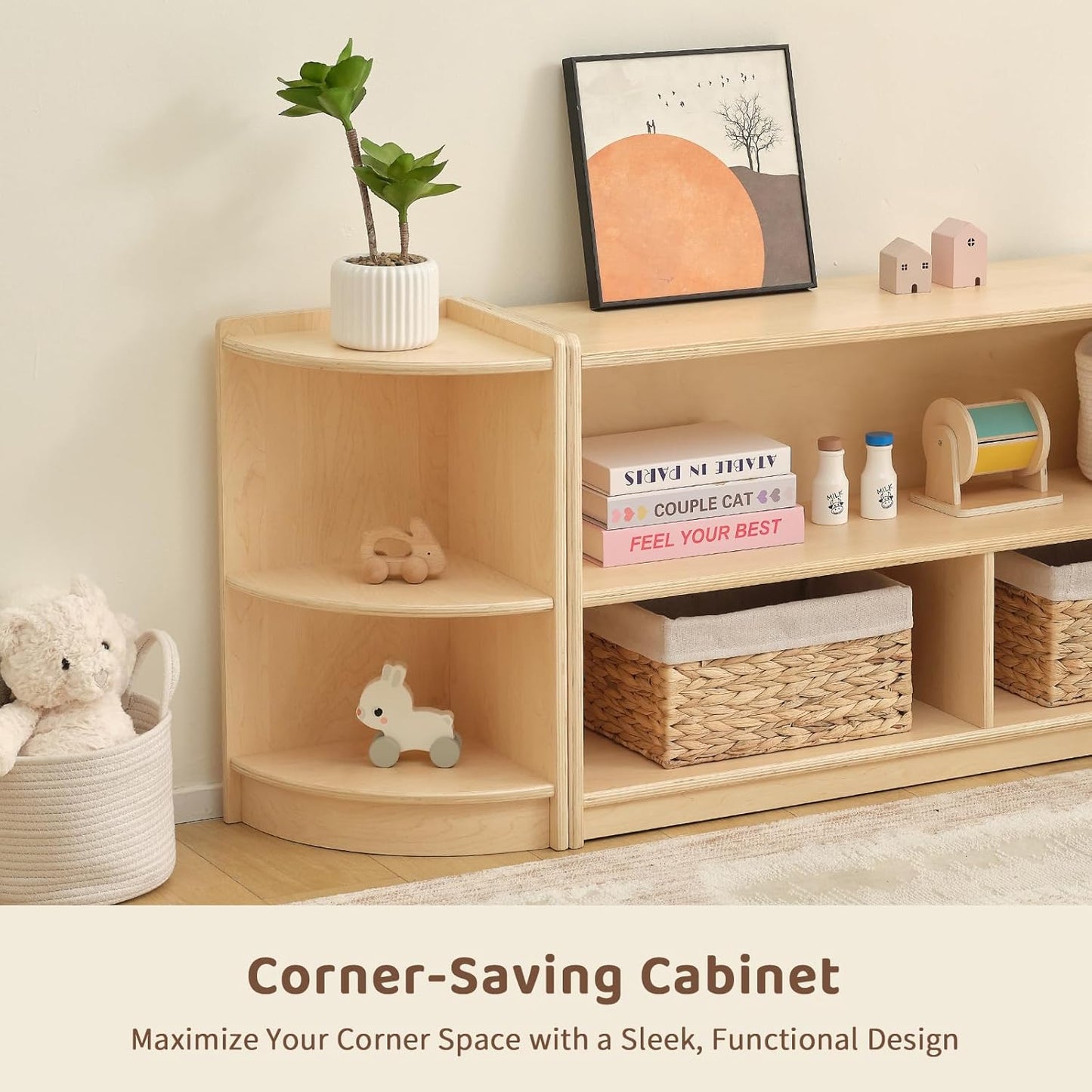 OOOK Wood Corner Cabinet, 2-Tier Toy Organizers and Storage, Montessori Shelf for Kids Room, Playroom, Nursery, Classroom, Kindergarten