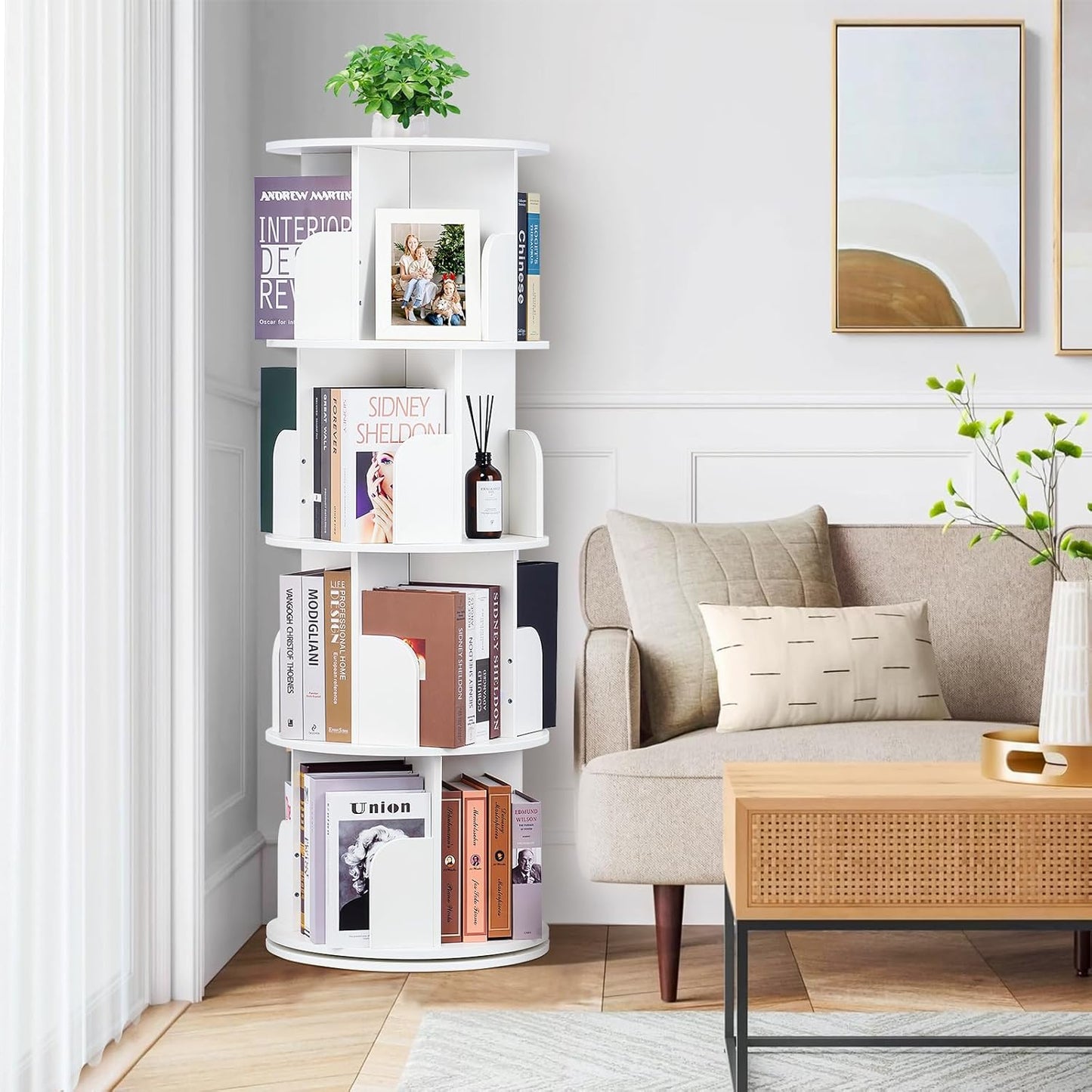 2025 New 4 Tier Rotating Bookshelf kids, Small Corner Bookshelf for Small Space, 360 Display Floor Standing Bookcase Storage Rack, Wood Narrow Book Shelf Organizer for Home Office,Bedroom, Living Room