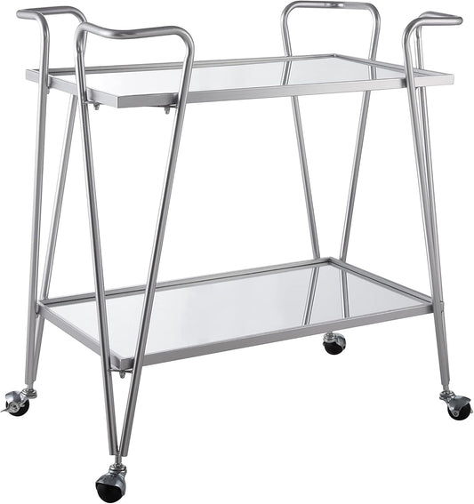 Linon Gina Silver Mid Century Bar Cart with Mirrored Shelves on Locking Castors