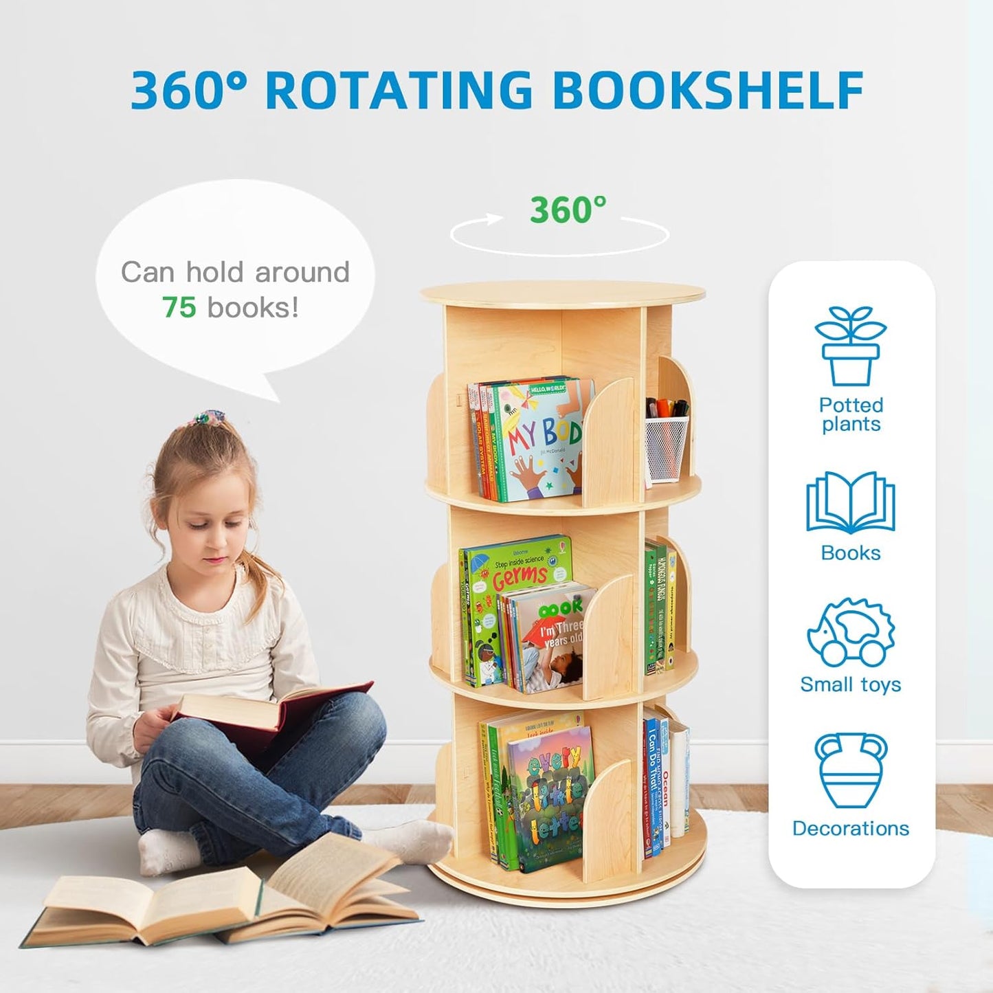 OOOK Kids Rotating Bookshelf, Small Corner Bookshelf for Small Space, 360° Display 3 Tier Floor Standing Bookcase Storage Rack, Wooden Narrow Bookcase Organizer for Bedroom, Living Room