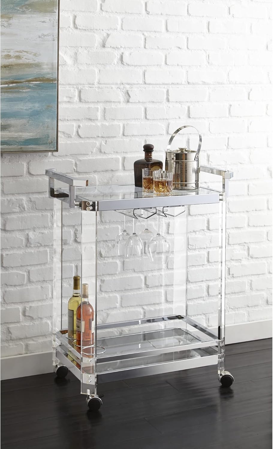 Steve Silver Furniture Aerin Kitchen Server Cart, Silver bar Cart, Tempered Glass, Two Display Shelves, 4 Casters, 3 Ring Wire Wine Bottle Holder, Dining Room, Bar, 28"" L x 17"" W x 35"" H, Silver