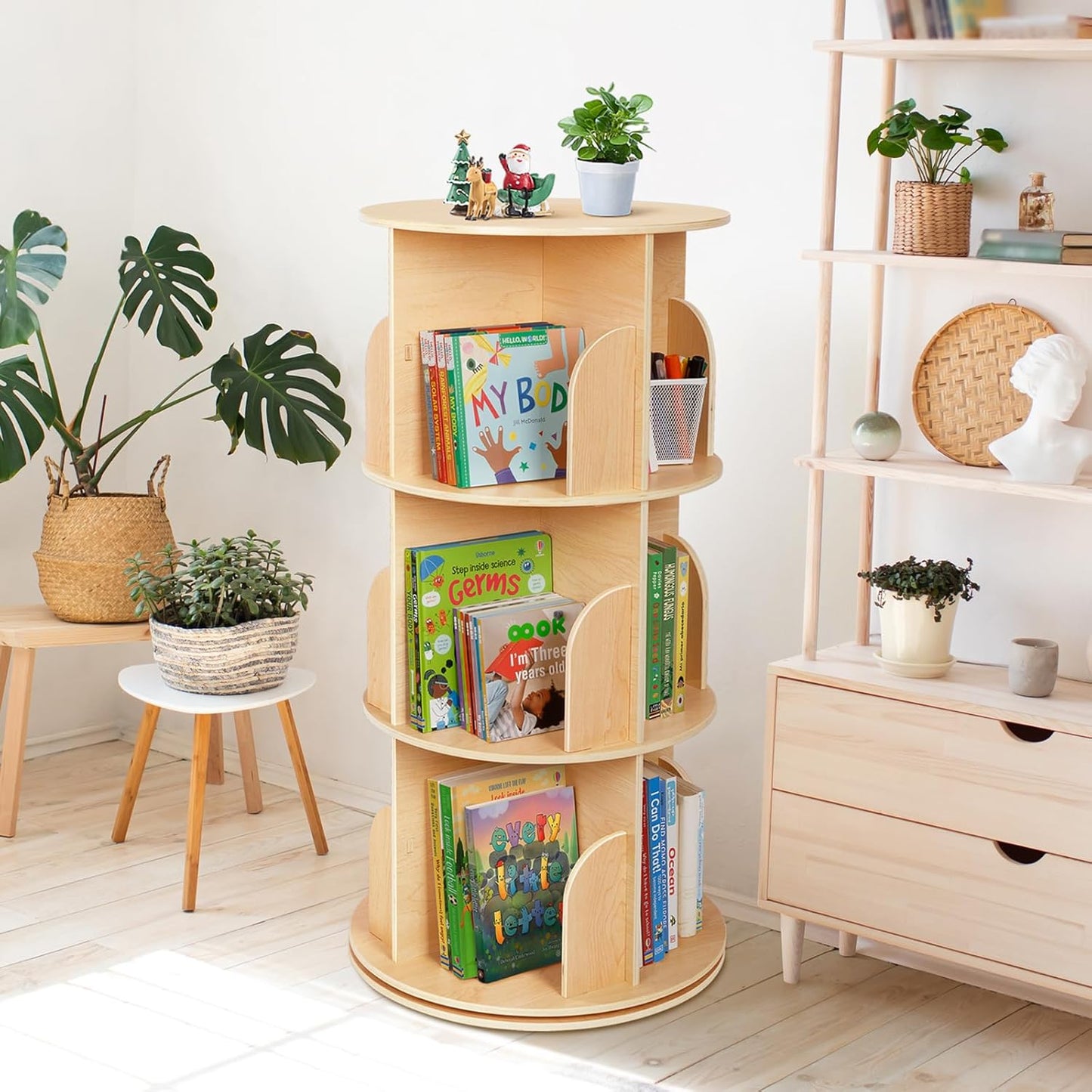 OOOK Kids Rotating Bookshelf, Small Corner Bookshelf for Small Space, 360° Display 3 Tier Floor Standing Bookcase Storage Rack, Wooden Narrow Bookcase Organizer for Bedroom, Living Room