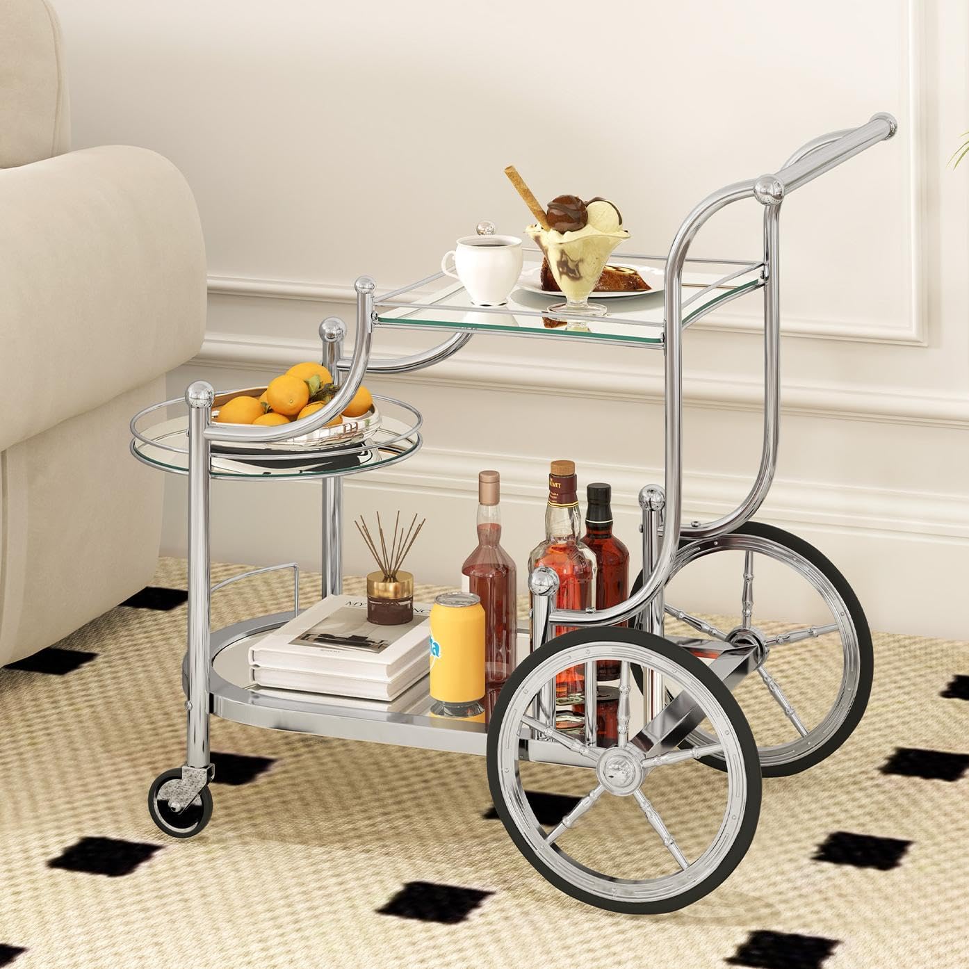 ReunionG Silver Bar Cart with Wheels, 3-Tier Rolling Serving Cart w/3 Mirrored Shelves, Mobile Tea Drink Beverage Wine Trolley Home Bar Kitchen, Dining Room, Living Room, Hotel, Club (Silver)