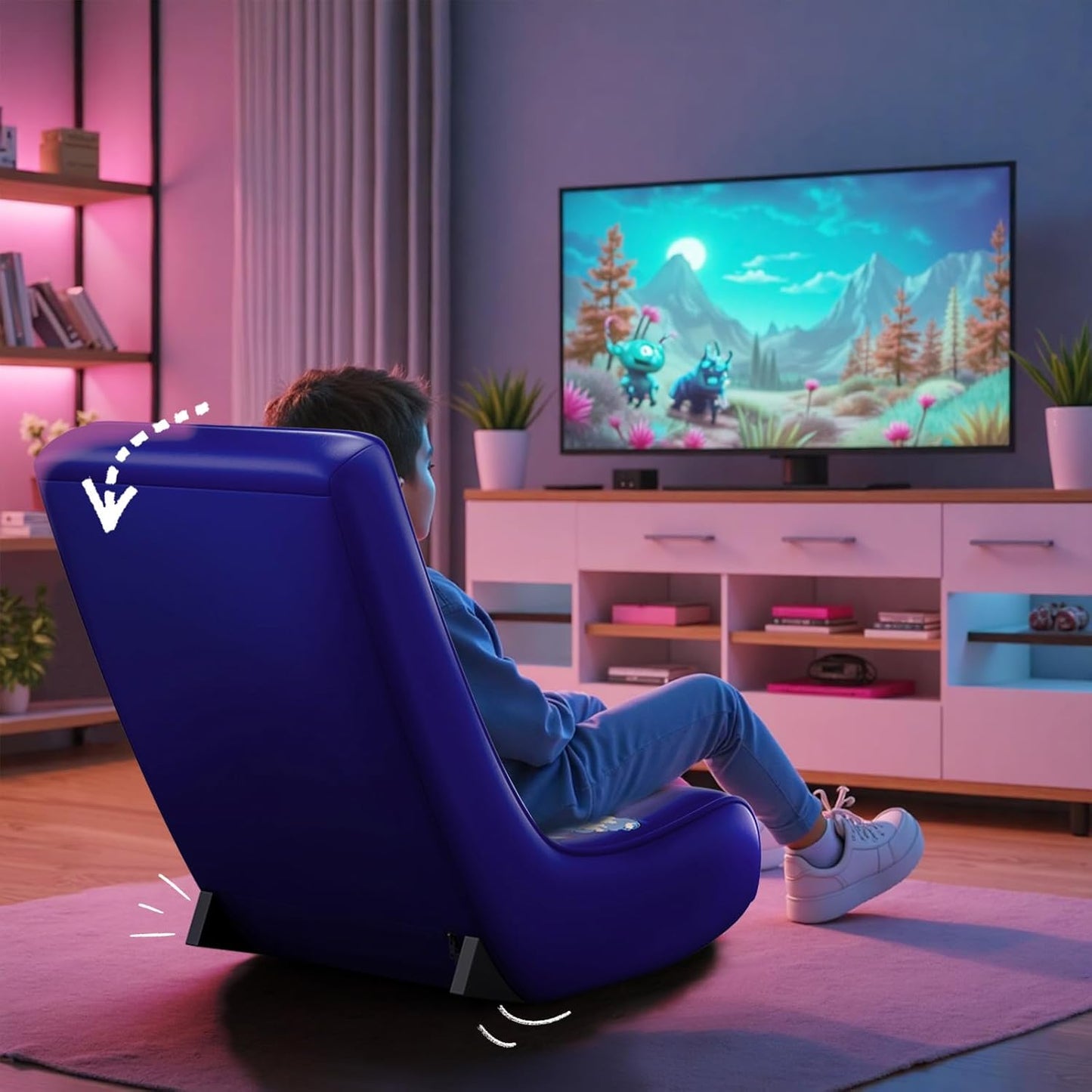 GTPLAYER Gaming Floor Rocking Chair – Rocker Floor Game Chair with Angle Limiter, Stylish Patterned Design, Comfortable Video Game Seat, Blue Flag Pattern