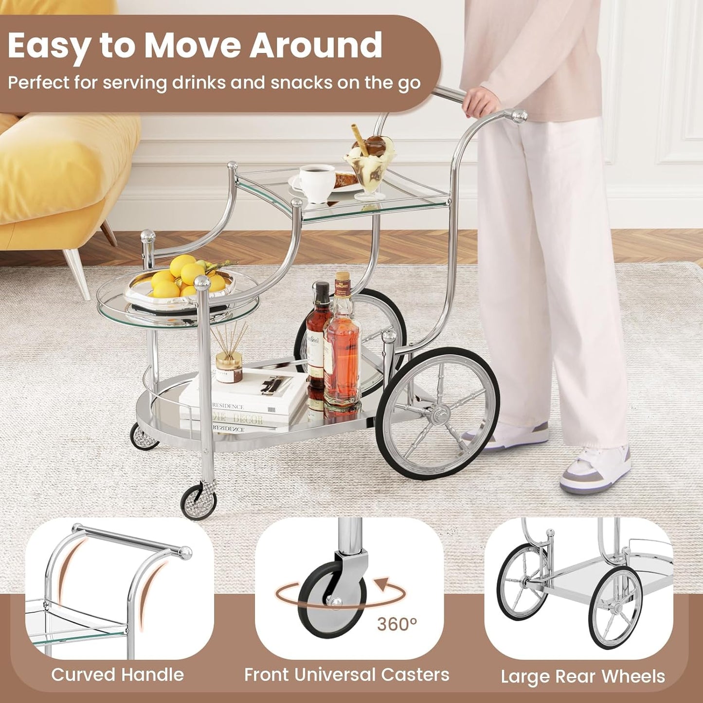 ReunionG Silver Bar Cart with Wheels, 3-Tier Rolling Serving Cart w/3 Mirrored Shelves, Mobile Tea Drink Beverage Wine Trolley Home Bar Kitchen, Dining Room, Living Room, Hotel, Club (Silver)