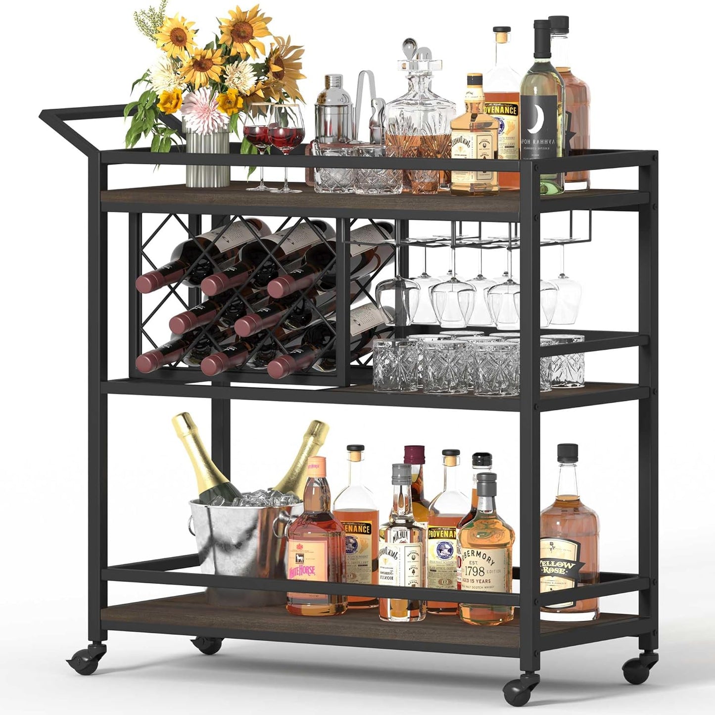 FATORRI Bar Cart Silver, Bar Carts for The Home, Home Bar Serving Carts for Liquor, Rolling Wine Cart with 3 Tier Mirrored Shelves on Wheels for Alcohol and Beverage (Silver)