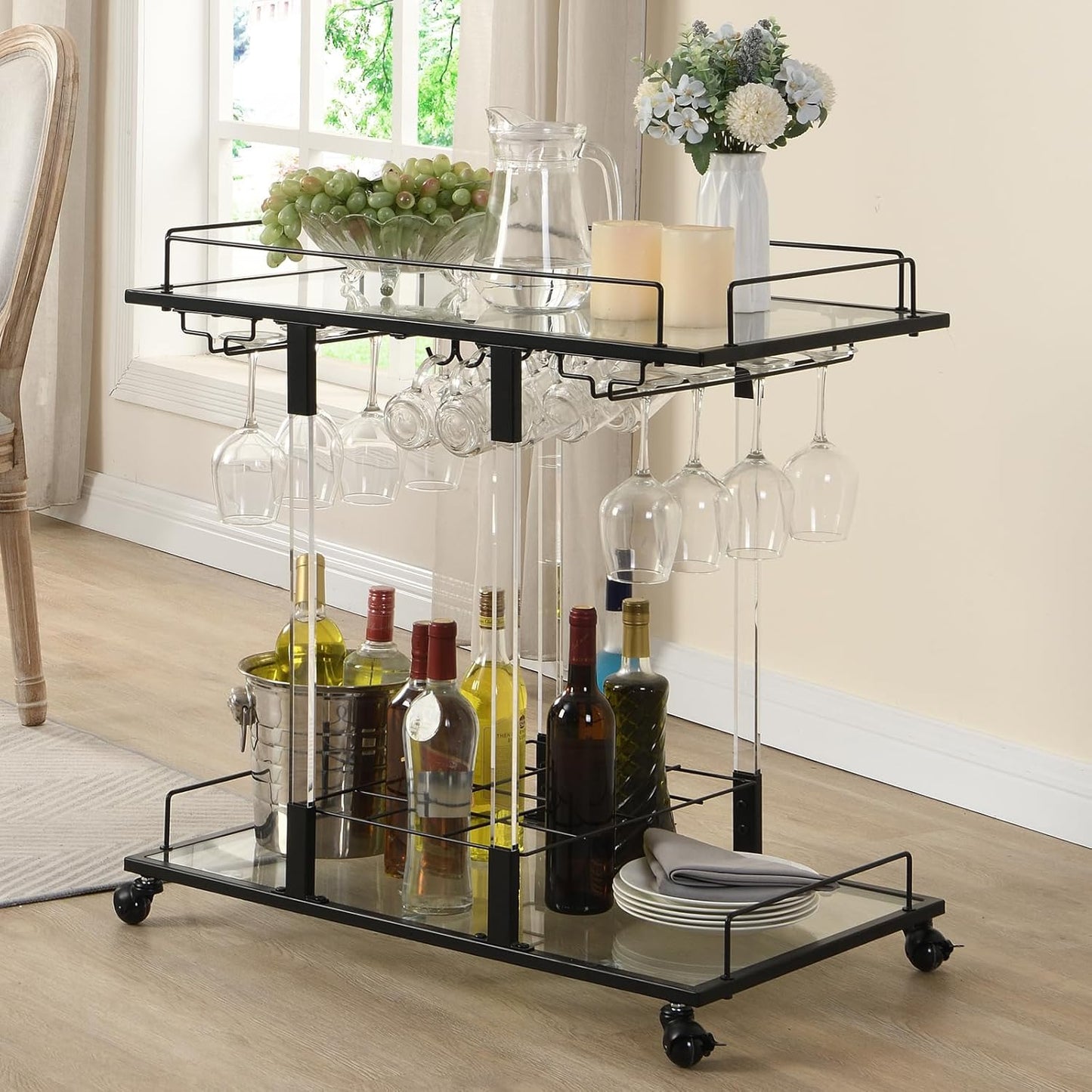 Silver Bar Cart for Home Bar Chrome Serving Cart with Wine Rack 2-Tier Acrylic Rolling Bar Carts on Wheels Clear Dessert Cart Lucite Bar Stand Glass Liquor Cart for Living Room Kitchen Club