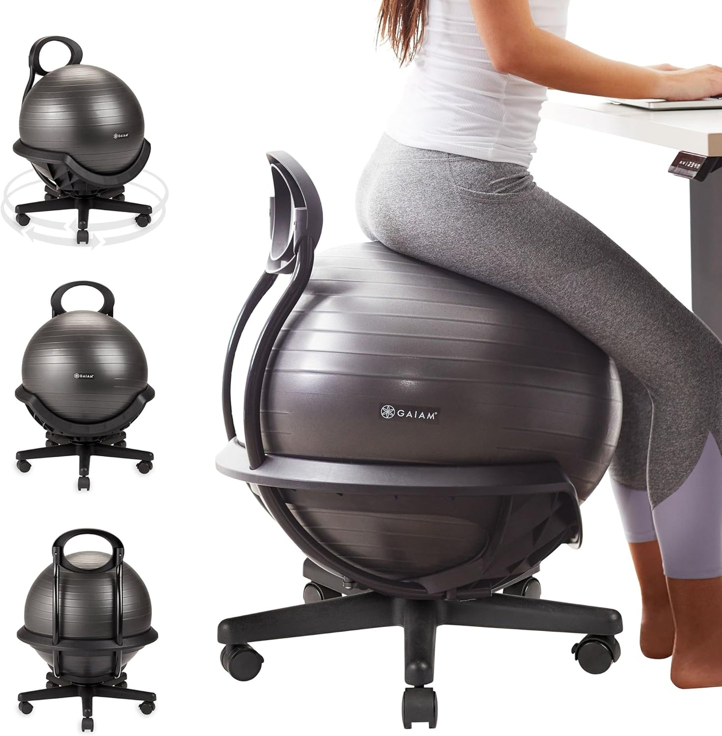 Gaiam Ultimate Balance Ball Chair with Swivel Base - Premium Exercise Stability Yoga Ball Ergonomic Chair for Home and Office Desk - Air Pump, Exercise Guide
