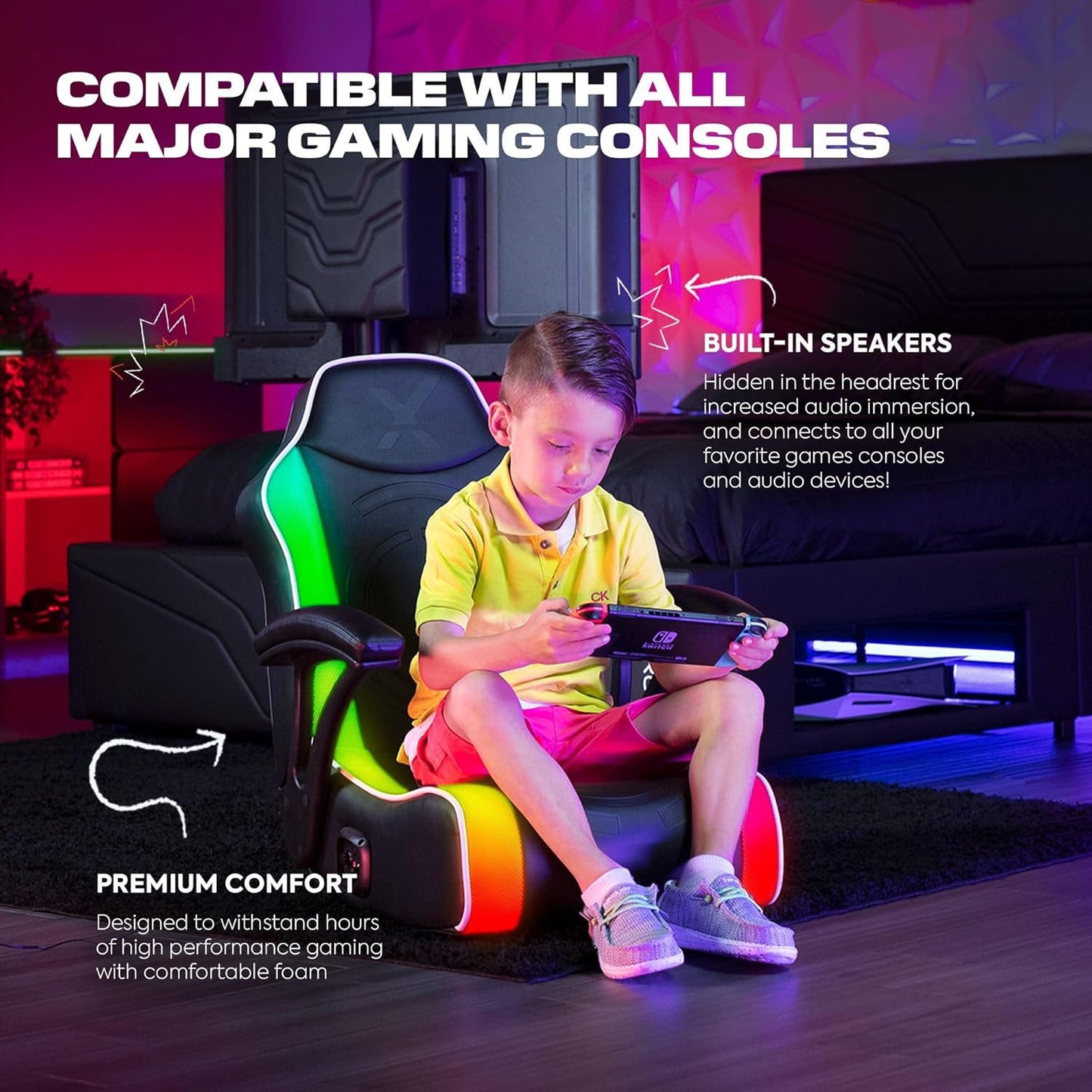 X Rocker Video Gaming Floor Rocker Chair, Built-in Audio, Foldable, for Gamers, Bedroom, or Game Room for Boys, Girls, Teens 5-17, Gifts for Gamers
