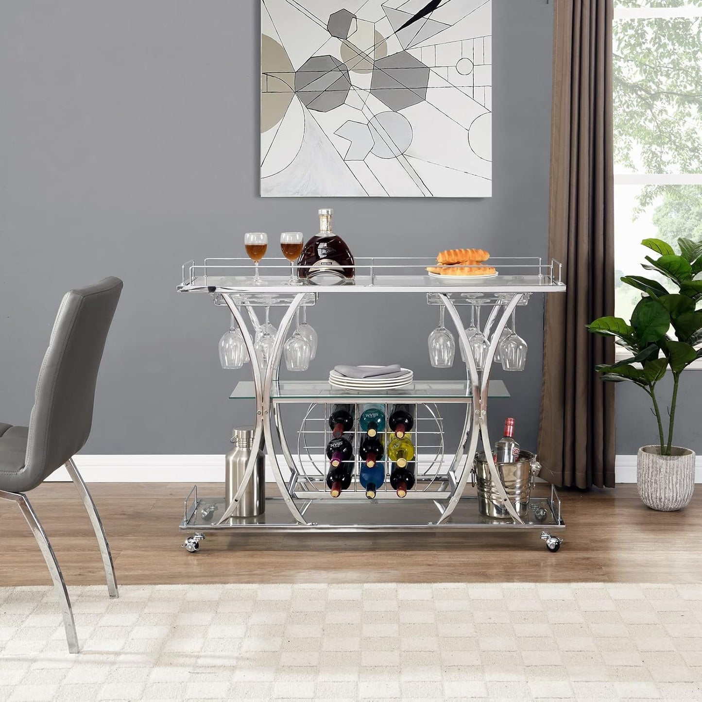 Silver Bar Carts with Glass Holders & Wine Rack, 3 Tier Home Bar Serving Carts with Glass Shelves, Metal Rolling Bar Carts for The Home Kitchen, Party